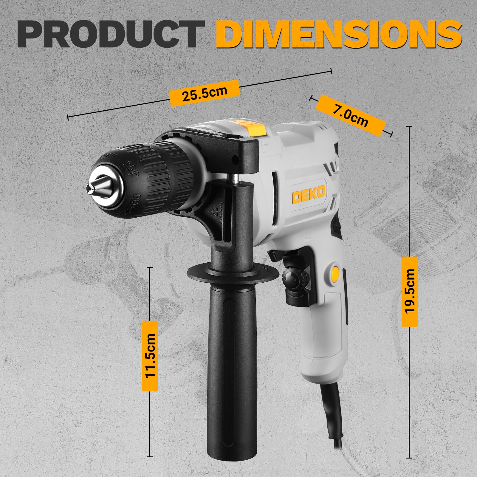 DEKOPRO Perceuse à Percussion Filaire 500W - 2 en 1 Perceuse Béton, Mandrin Sans Clé 13mm, Poignée Rotative 360°, 3000 RPM, 3 Forets (3 x Métal, Béton, Bois), Idéale pour Bois, Métaux Tendres et Béton