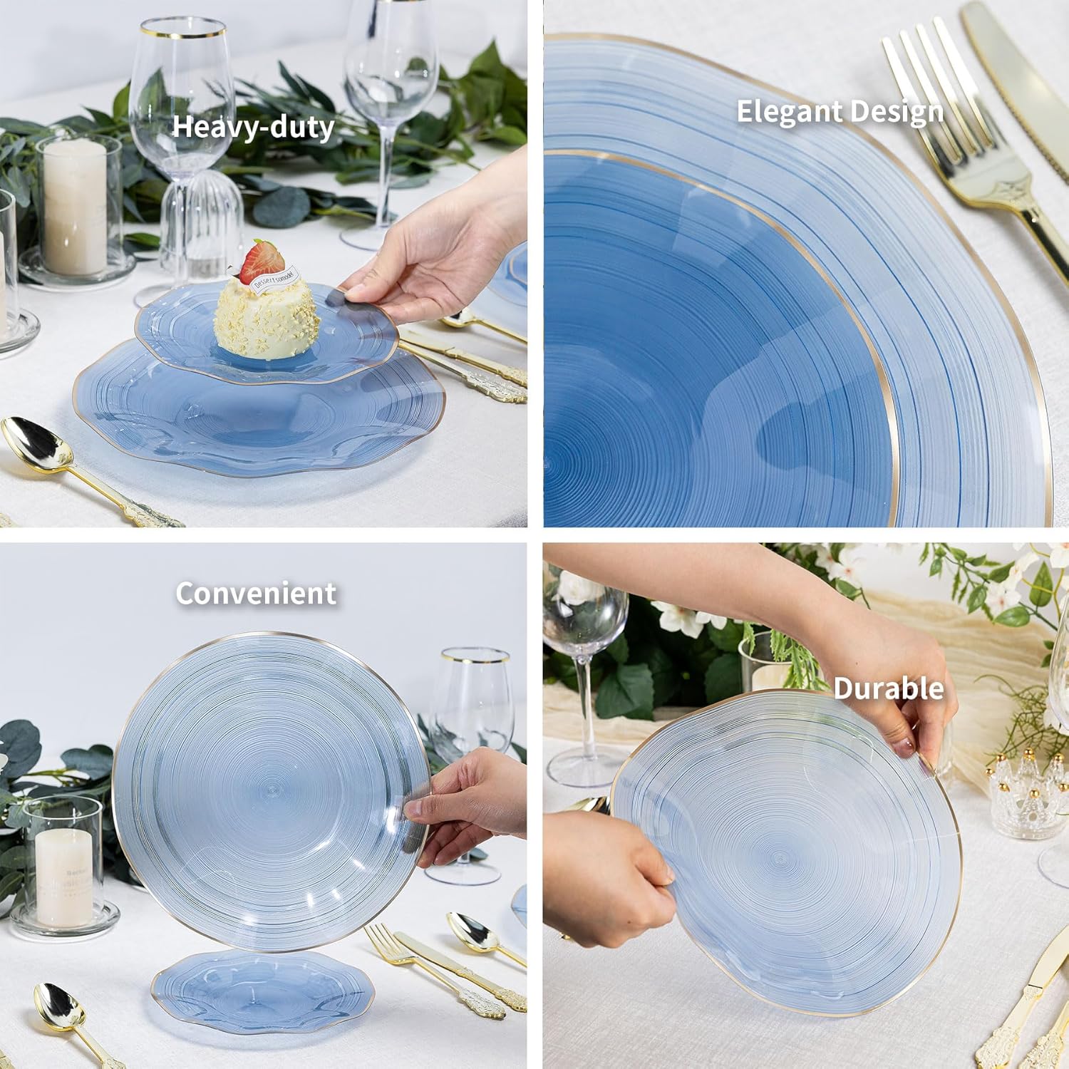 100PCS Blue Plastic Plates-Crystal Design Blue Wave Disposable Plates with Gold Rim, Fancy Disposable Plates Include 50 Dinner Plates, 50 Dessert/Salad Plates for Party & Birthday - Image 4