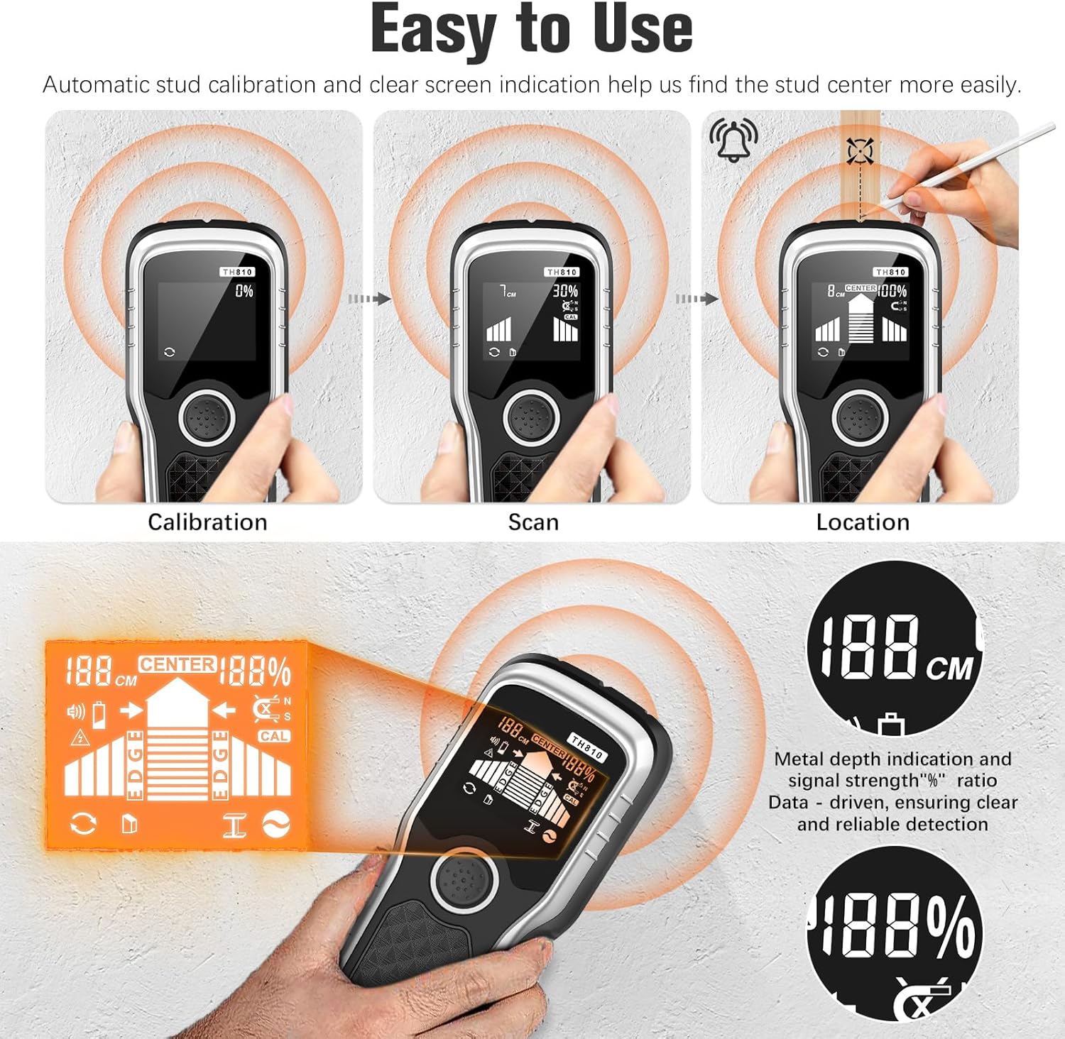 Stud Finder Wall Scanner - 6-in-1 Upgraded Multifunction Auto Detection with LCD Display & Audio Alarm for Wood, Metal & AC Wires, Ideal for Home DIY & Professional Contractors (Silver)