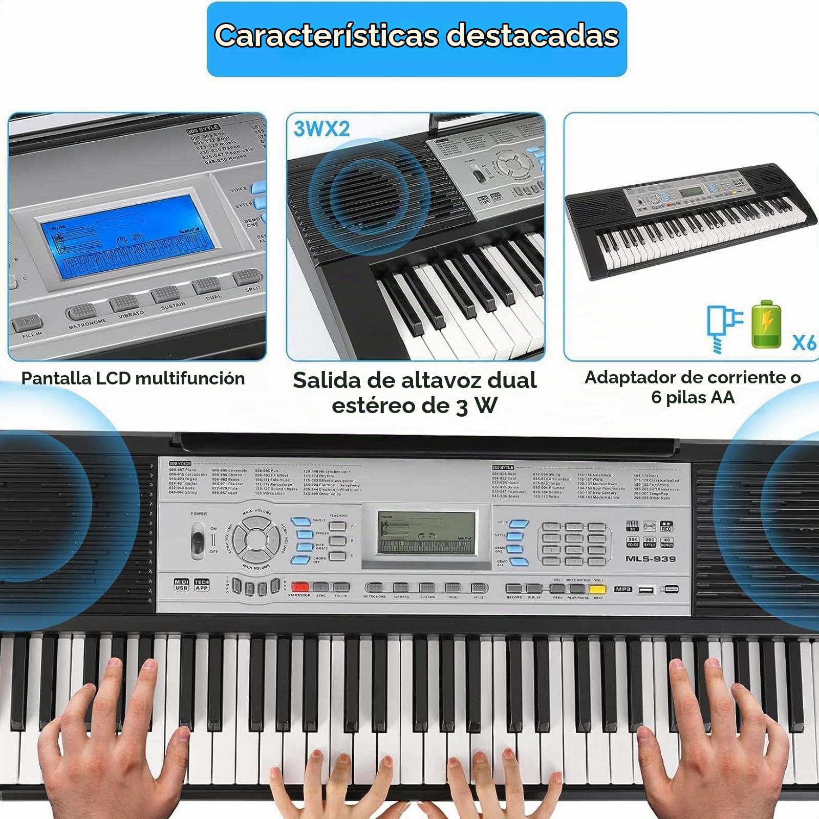 61 Teclas Teclado Piano Electrico, Teclado Musical para Principiantes, Teclados Piano infantil, 500 Sonidos y Modo de Enseñanza de 3 Niveles, con Soporte para Piano, LCD, Atril, MP3/USB MIDI