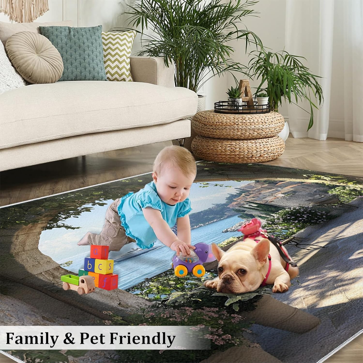 Mediterranean View Area Rug 5x7ft Sea View Archway Rugs, Coastal Town Vista Rug, European Seaside Balcony Rug, Fantasy Indoor Jungle Decor Carpet, for Washable Living Room Home Decor