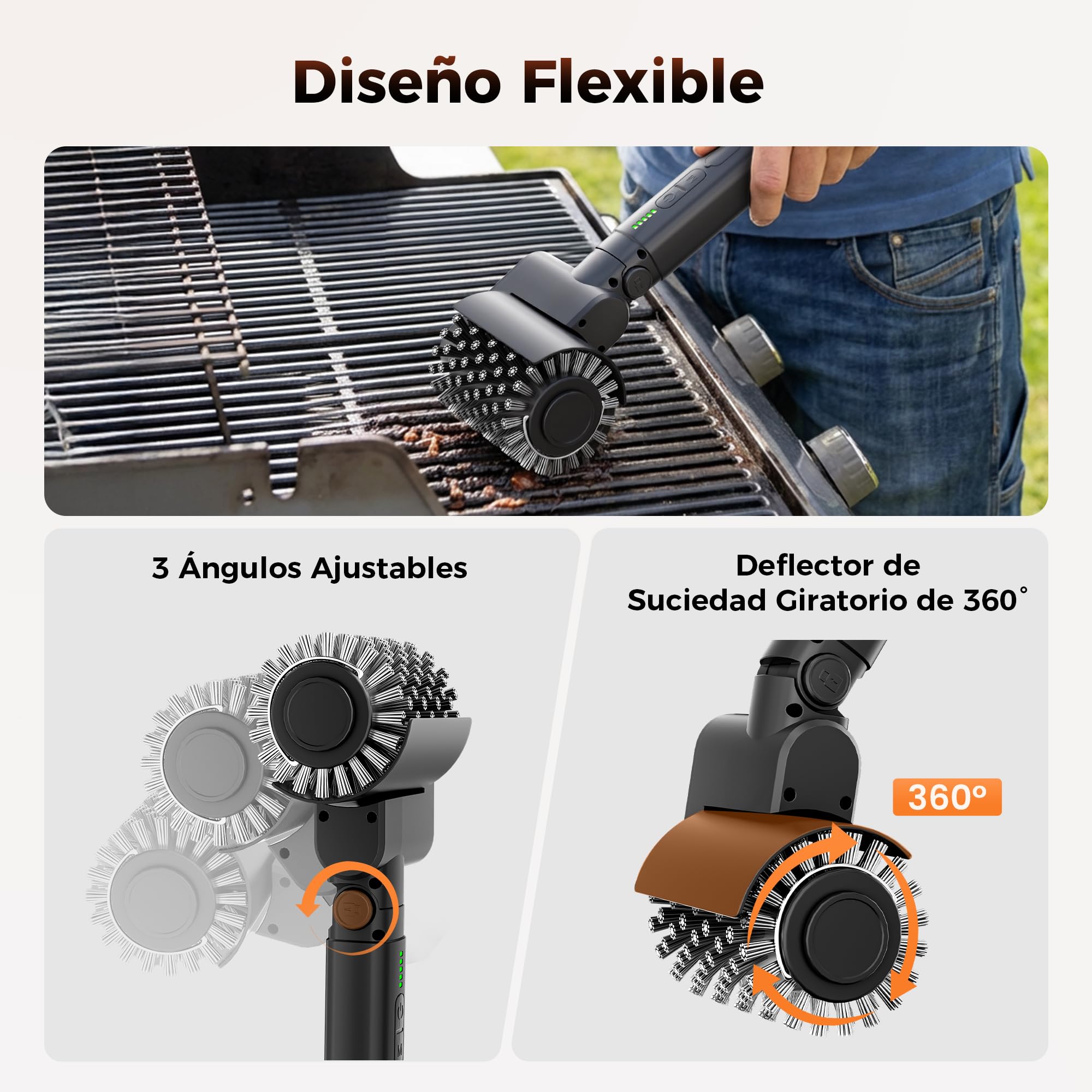 Leebein Cepillo Eléctrico para Barbacoa, 2026 Cepillo Electrico Limpieza Hogar 3 Velocidades & Ángulo Ajustable con 3 Cabezas, 150 Min de Autonomía, Resistente al Agua y Altas Temperaturas