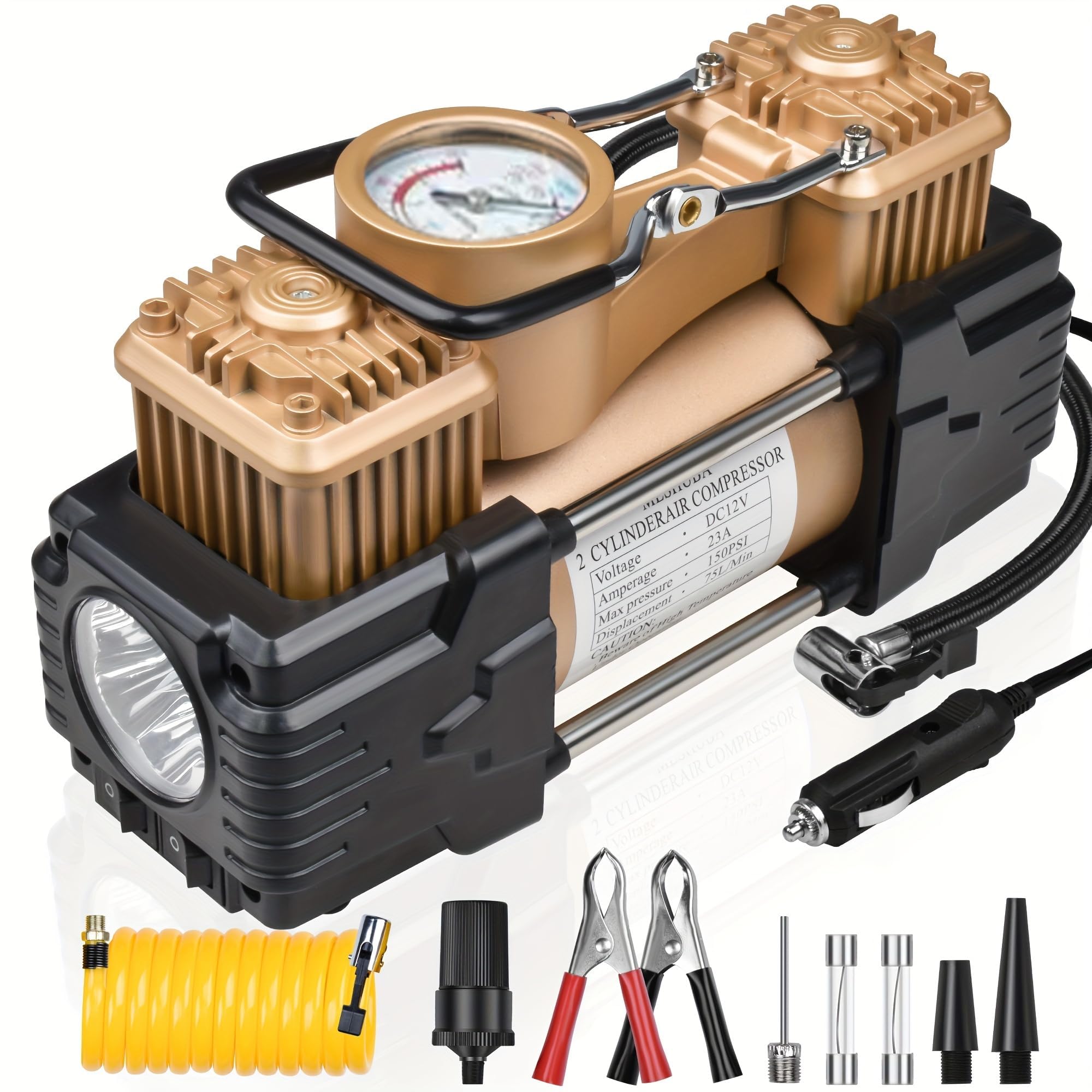 Doppelzylinder-Reifenfüller, Luftkompressor, 150 PSI 12 V DC, tragbare Luftpumpe, Autozubehör, LED-Licht, strapazierfähig, Off-Road für LKW, SUV, Auto, Wohnmobil für Männer und Frauen (Gold)