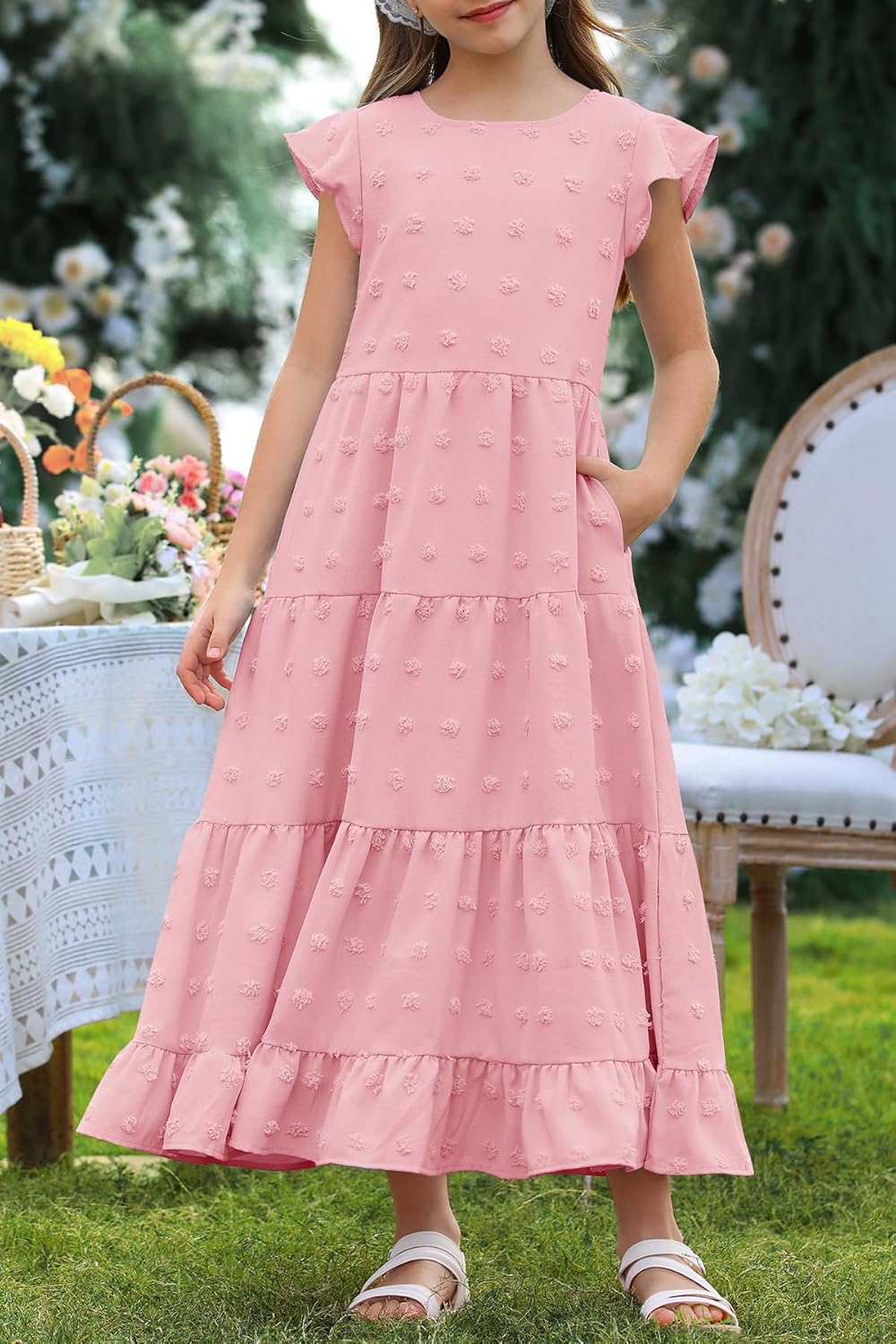 HOSIKA Girls Maxi Dress Ruffle Sleeve Swiss Dot A Line Tiered Flowy Casual Party Dresses with Pockets for 6-12 Y - Image 2