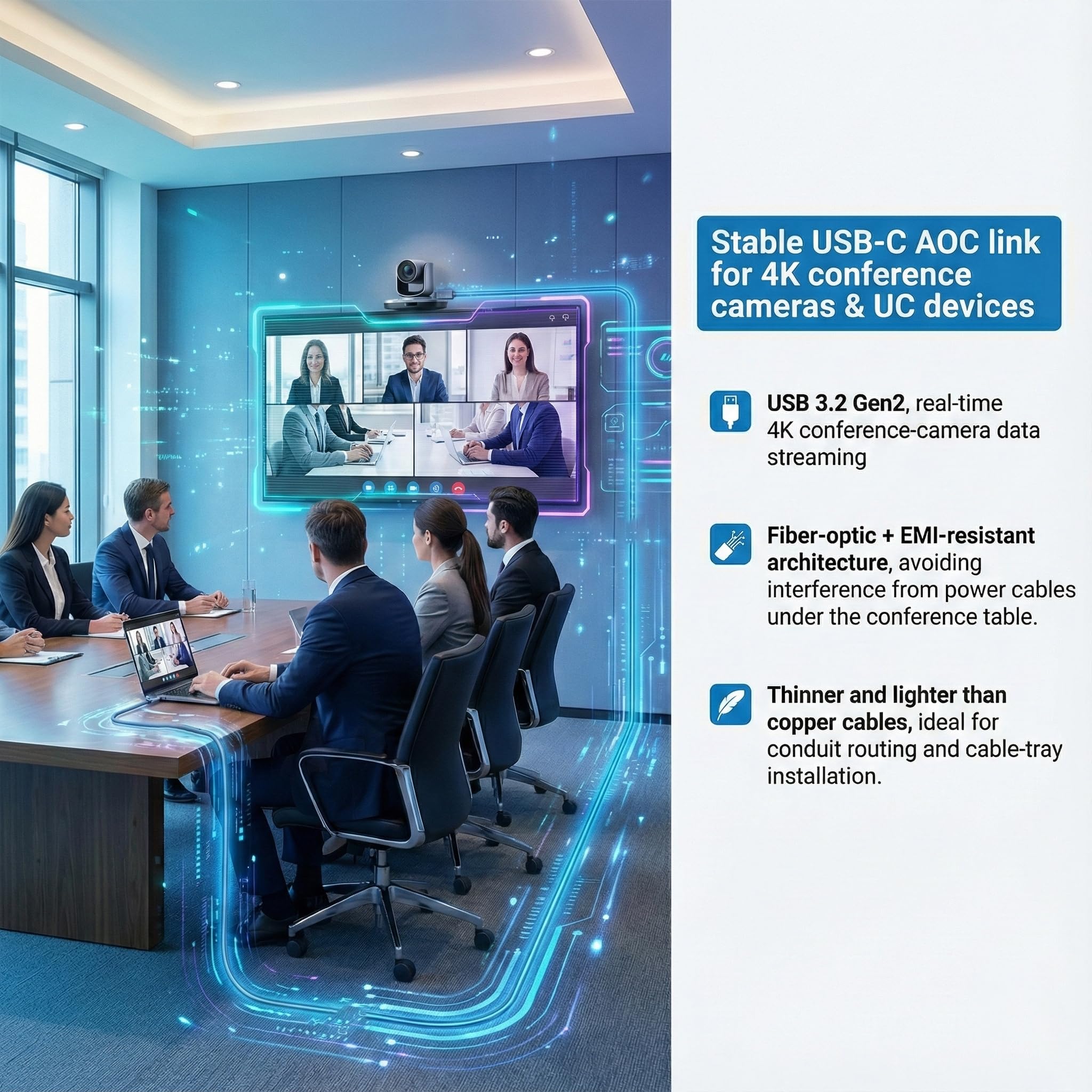 Cavo in fibra ottica da USB C a USB C (10 m), sottile e lunga estensione ad alta velocità, 10 Gbps, USB 3.2, ottico attivo, compatibile con webcam, fotocamere, AR/VR per videoconferenze, data