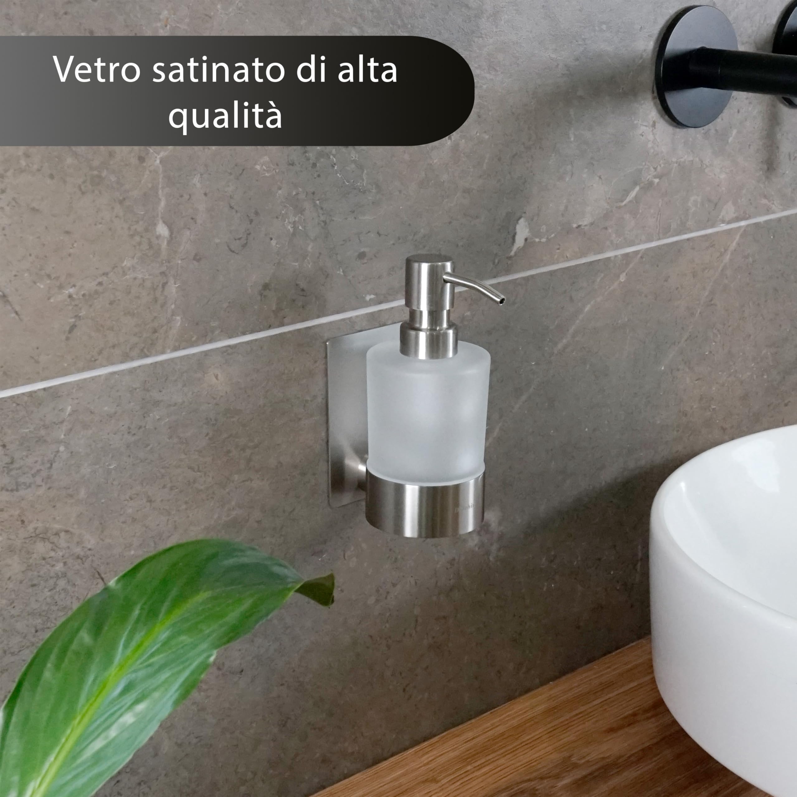Set Dispenser Sapone e Bicchiere Bagno | Dosatore Liquido & Portaspazzolino Vetro Satinato | Supporto Inox Senza Forare | Dispenser Adesivo da Parete | Set Accessori Bagno | Grigio Argento