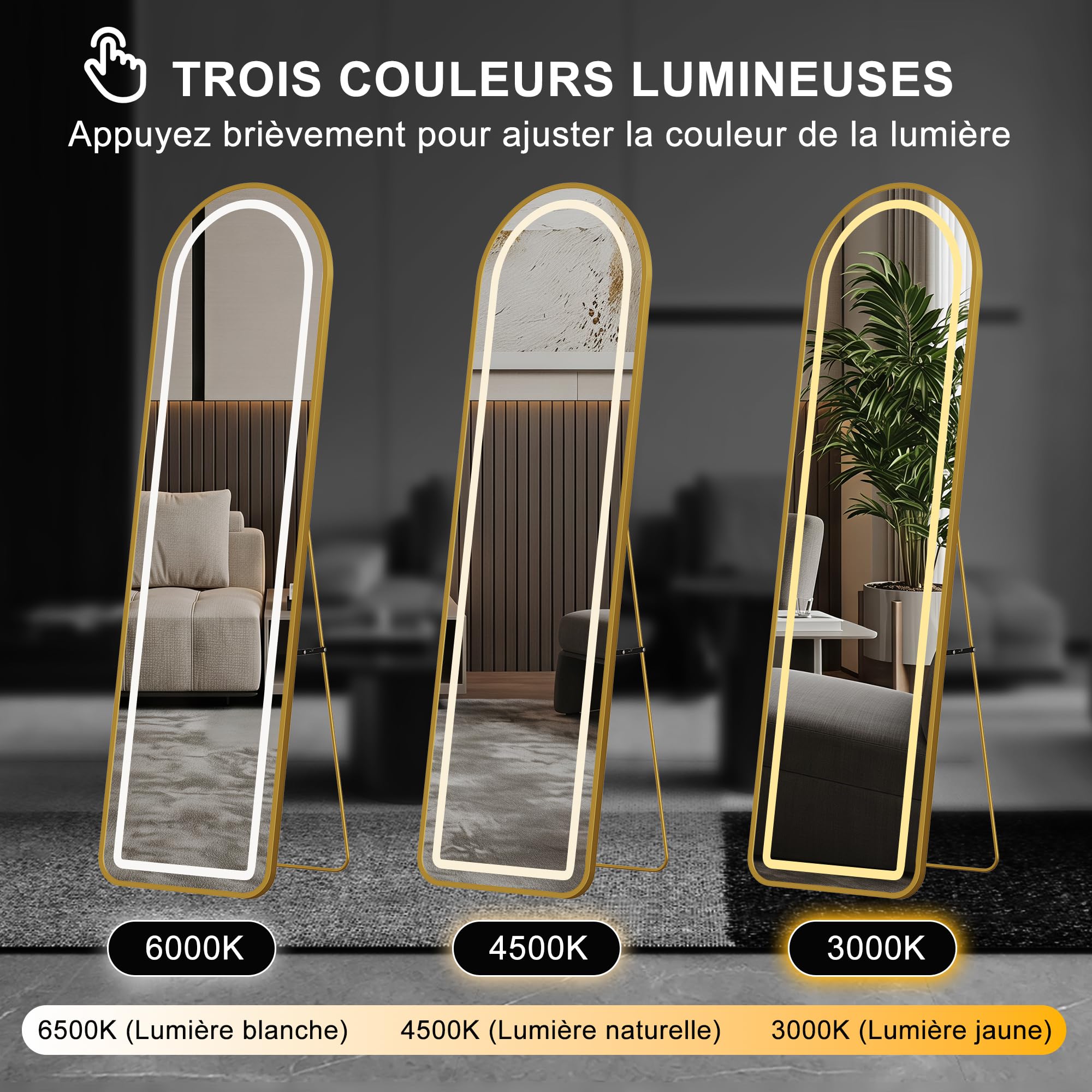 Specchio da appoggio a LED, 150 x 40 cm, specchio pieno piede arcuato dorato in vetro temperato, illuminazione a 3 colori, da appoggiare a terra, da appendere o da fissare alla parete, per