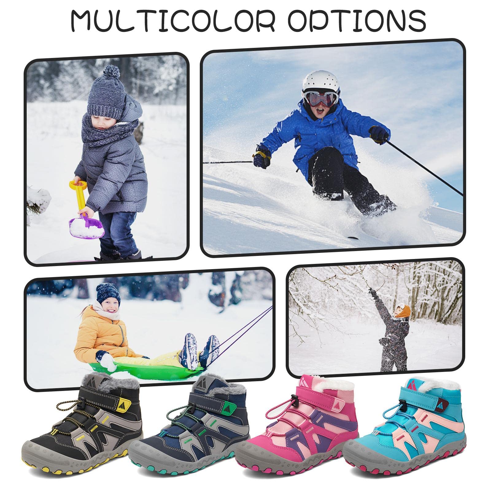 Mishansha Botas de Nieve Niño Botas Antideslizantes, Negroamarillento 28 | Forro cálido, cierre de autollenado, puntera reforzada, suela con dibujo, colegio, paseos, nieve
