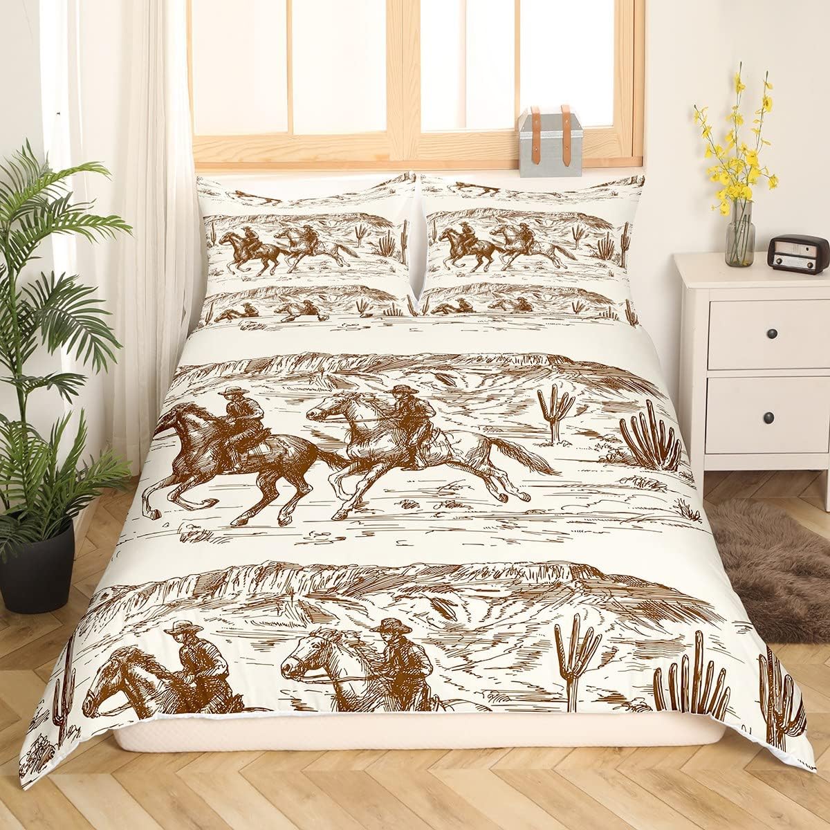 Erosebridal Western Duvet Cover Twin Size Cowboy Bedding Set American Wild West Desert Hand Drawn Illustration Comforter Cover Country Theme Bedroom Decor Quilt Cover for Boys Men Teens