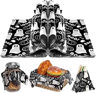 150 Sheets Spooky Boo Ghost Wax Paper Sheets for Food, 9.8 x 8.3 inch Black & White Ghost Boo Pumpkin Greaseproof Wrapping Paper for Trick & Treat Party Sandwich Picnic Basket Liner Supplies