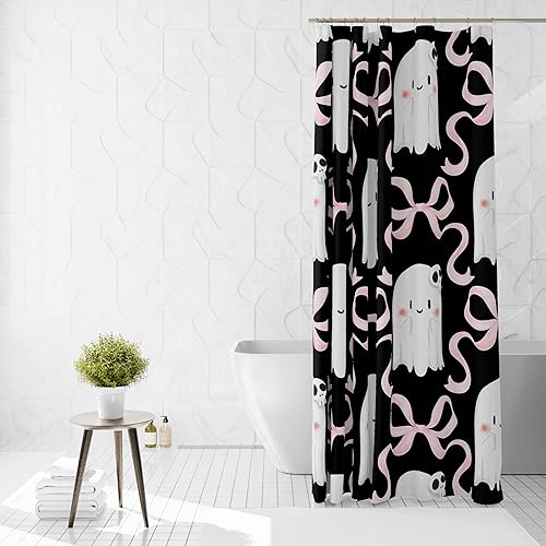 Miniatura 8 de Mocsicka Cortina de ducha negra de Halloween para baño, bonita cortina de ducha con diseño de calavera y fantasma, para niños, decoración de baño de