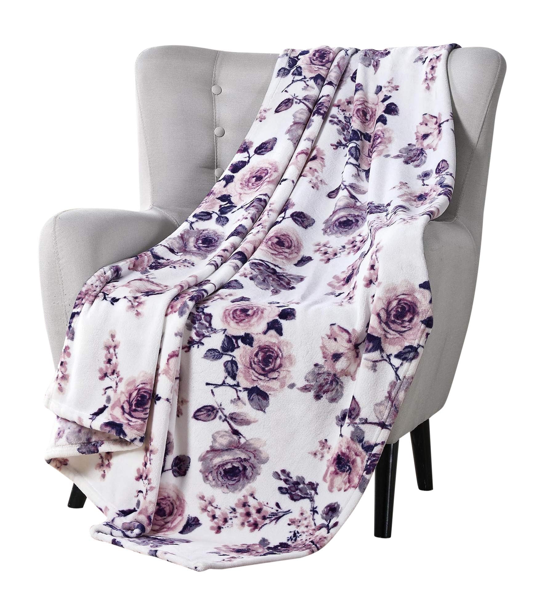 Decorative Floral Fleece Throw Blanket: Velvety Soft Plush Rose Flower Accent for Couch or Bed, Blush Pink Purple Navy Blue Grey on White, Oversized