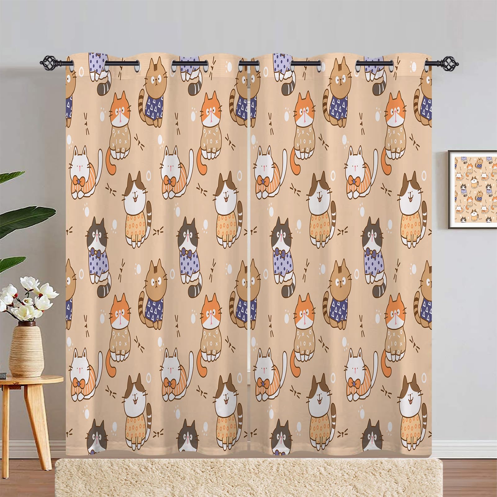 ANHOPE Cat Curtains Eyelet Thermal Insulated Blackout Curtains Cute Funny Cartoon Animal Cats Print Pattern Ring Top Drapes for Kids Boys Girls Bedroom Living Room 66 x 72 Inch Drop 2 Panels โ image 1