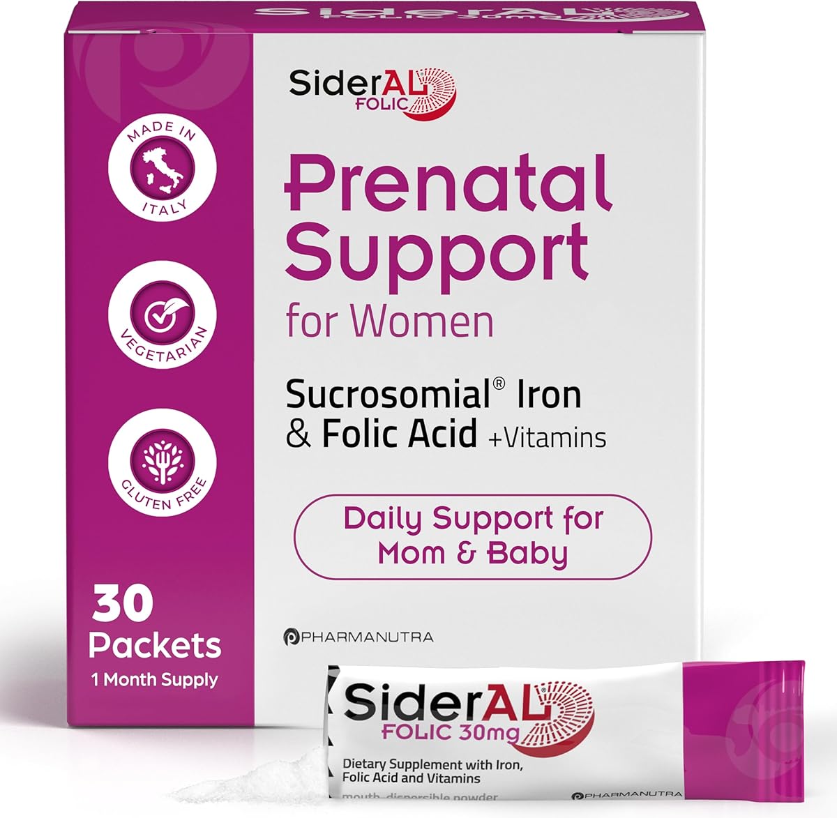 PHARMANUTRA SiderAL Prenatal Vitamins for Women | Clinically Proven Iron Supplement for Women with Folic Acid, Vitamin C, D, B6, & B12 | Trusted Multivitamin for Pregnancy & Energy Support | 30 Powder Sticks