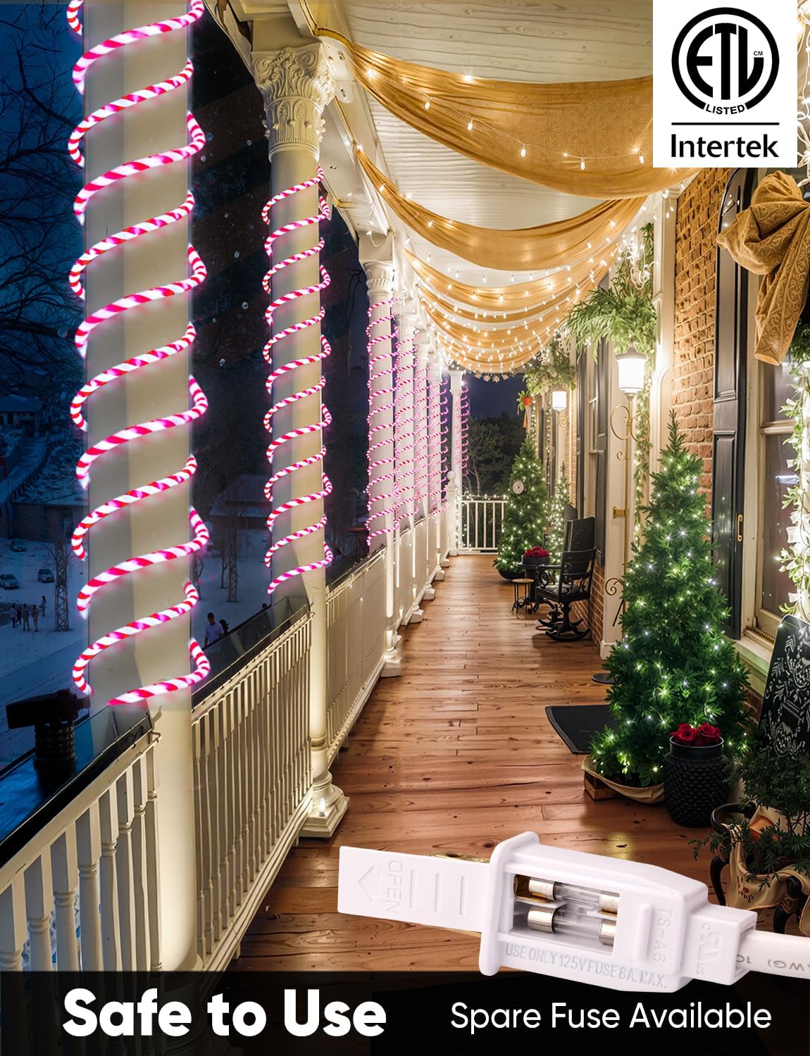 65FT Candy Cane Rope Lights, Christmas Led Rope Light Outdoor ETL Listed, Waterproof Tube Lighting Connectable and Cuttable, for Festival Porch Railing Pillar Garden Fence Xmas Tree, Red and White