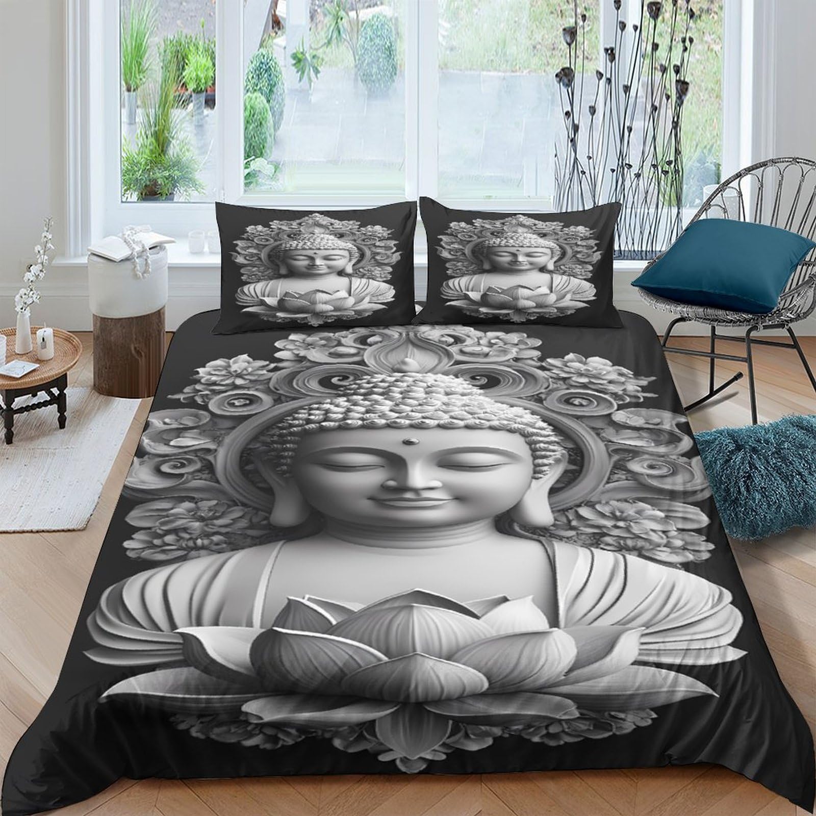Ctjqhvkz Style-10 3D Printed Buddha Lotus Fitted Sheet Microfiber Soft Grey Mandala Bed Cover For Bedroom Guest Room Decor Single（135X200cm）