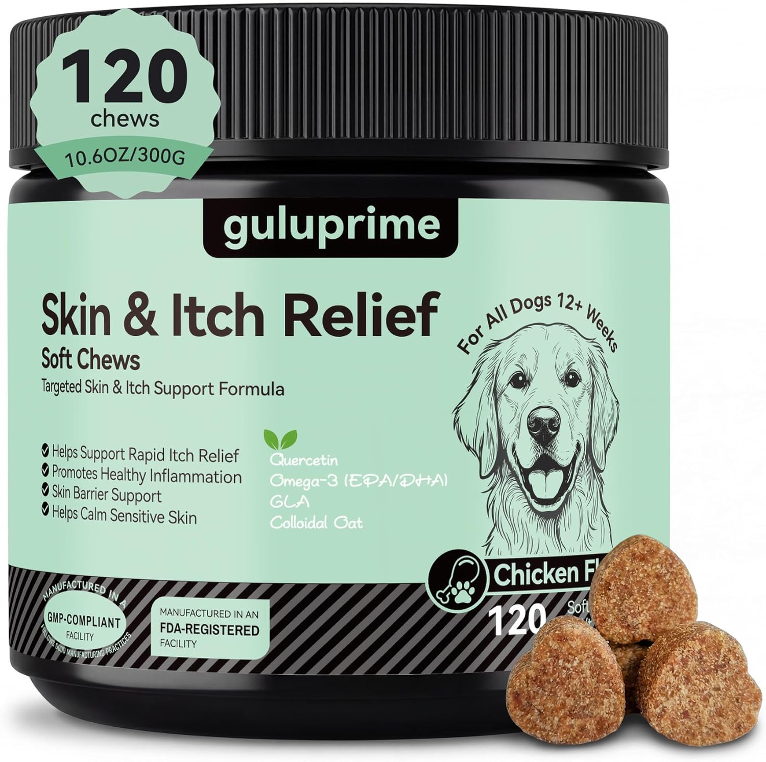 Dog Itch Relief Chews for Dogs – Itchy Paws & Paw Licking Support, Anti Itch Soft Chews for Itchy Skin, Daily Skin & Coat Supplement, 120 Chews