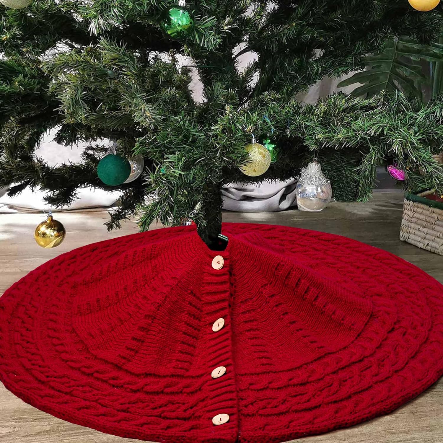 Red Christmas Tree Skirt 24 Inch, Knitted Tree Skirt for 4Ft Pencil Tree, Vintage Thick Small Tree Skirt for Christmas Trees Decoration, Xmas Home Indoor Farmhouse Decorations
