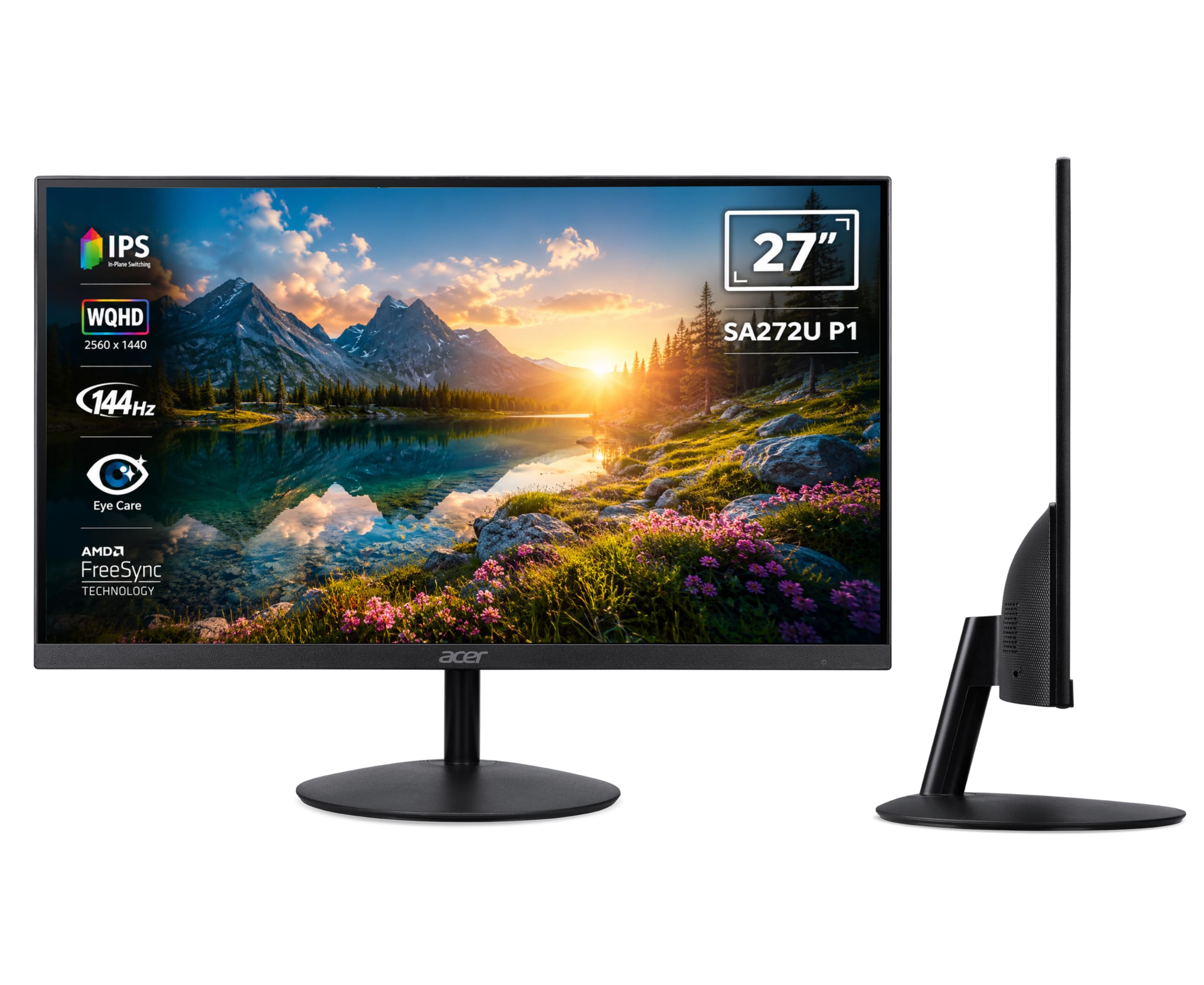 Acer SA272U P1 27 Inch WQHD (2560x1440) IPS Ultra Slim Monitor | 144Hz Refresh Rate | 1ms VRB | HDR10 | AMD FreeSync | HDMI 2.0 + DisplayPort 1.4 | Built-in Dual Speakers | VisionCare | Black