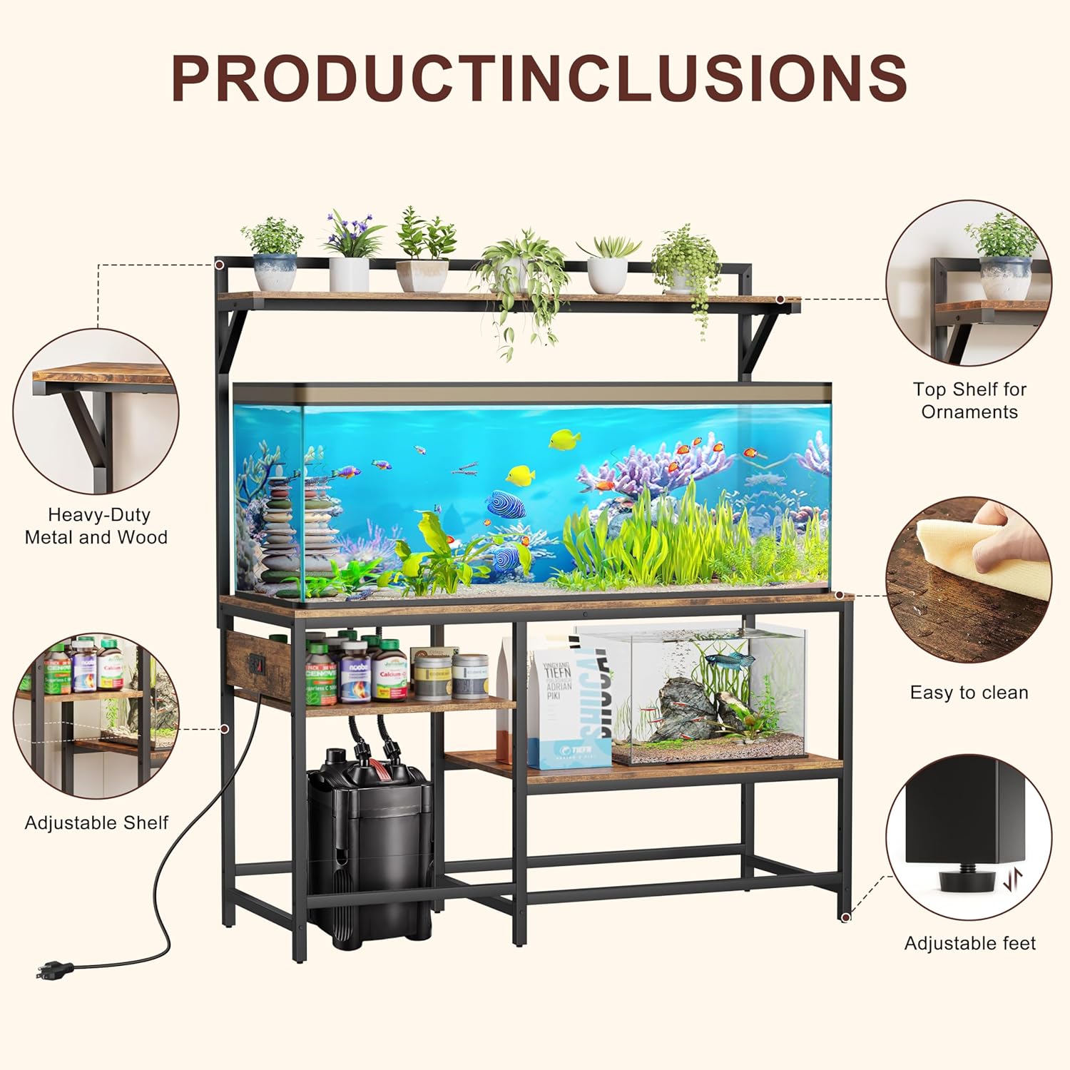 55 Gallon Fish Tank Stand, Aquarium Stand with Power Outlet, Heavy-Duty Reptile Terrarium Stand Table with 6-Leg Support for 55 Gallon Standard Long-Type Model, 52" L x 19.6" W x 29.9" H