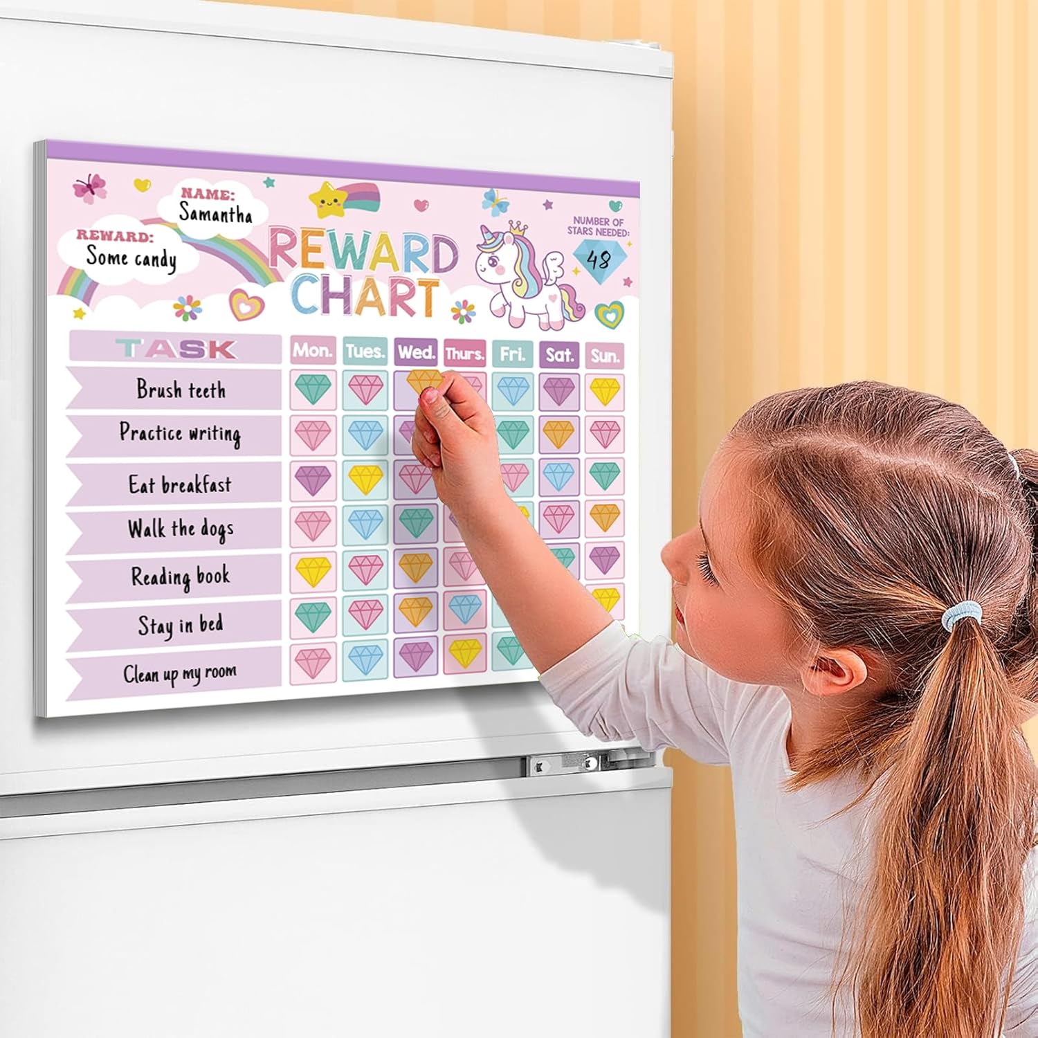 Reward Chart for Kids,Magnetic Behavior Chore Chart for Kids at Home,26 Little Hose Chore Charts,1960 Diamond Stickers,56 Reward Stickers,Incentive Chart to Develop Responsibility and Good Habits,Pink thumbnail