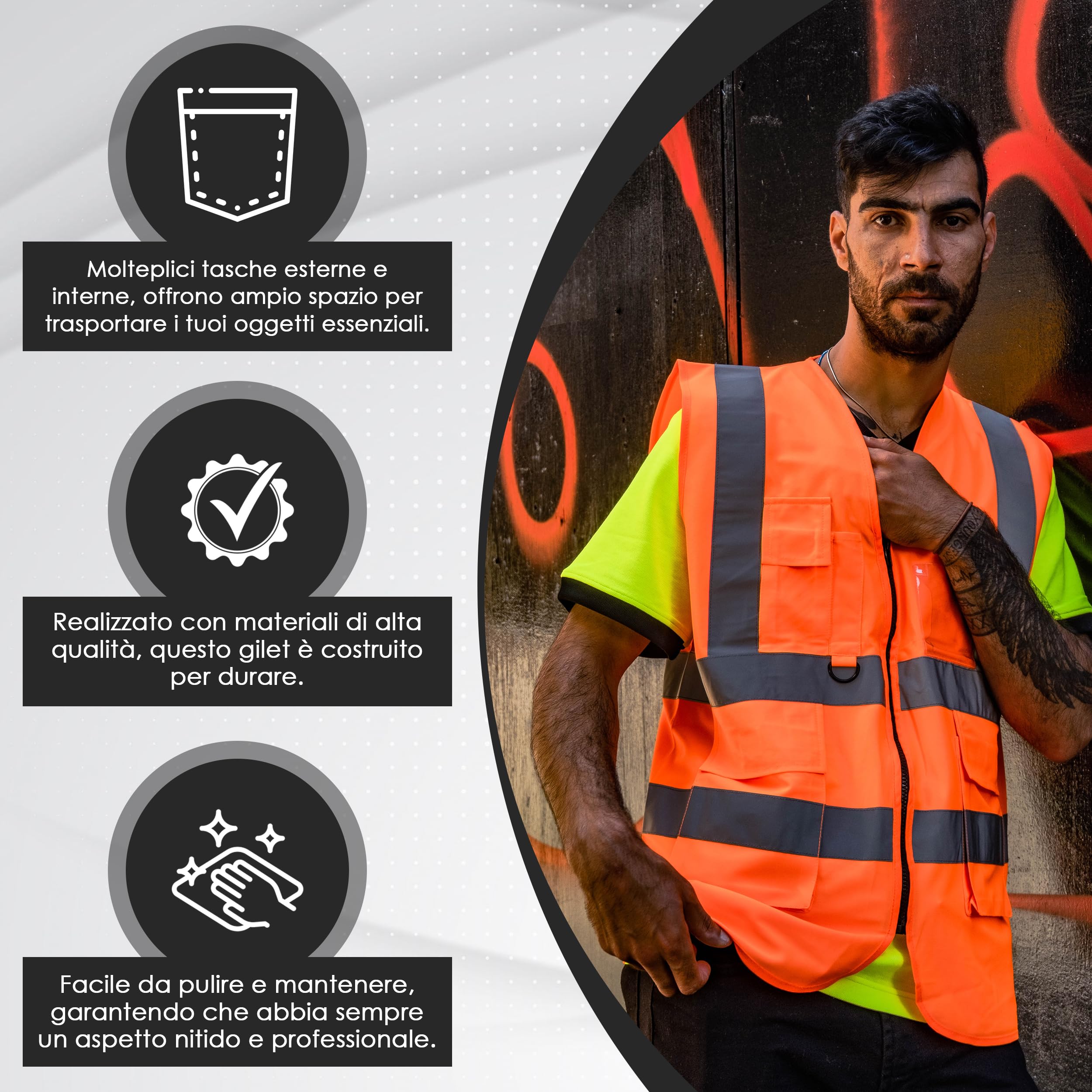 Giubbotto riflettente di segnalazione - Gilet di sicurezza riflettente - Gilet ad alta visibilità per uomo e donna - Gilet visibile per lavoro, ciclismo, edilizia - Arancia - M