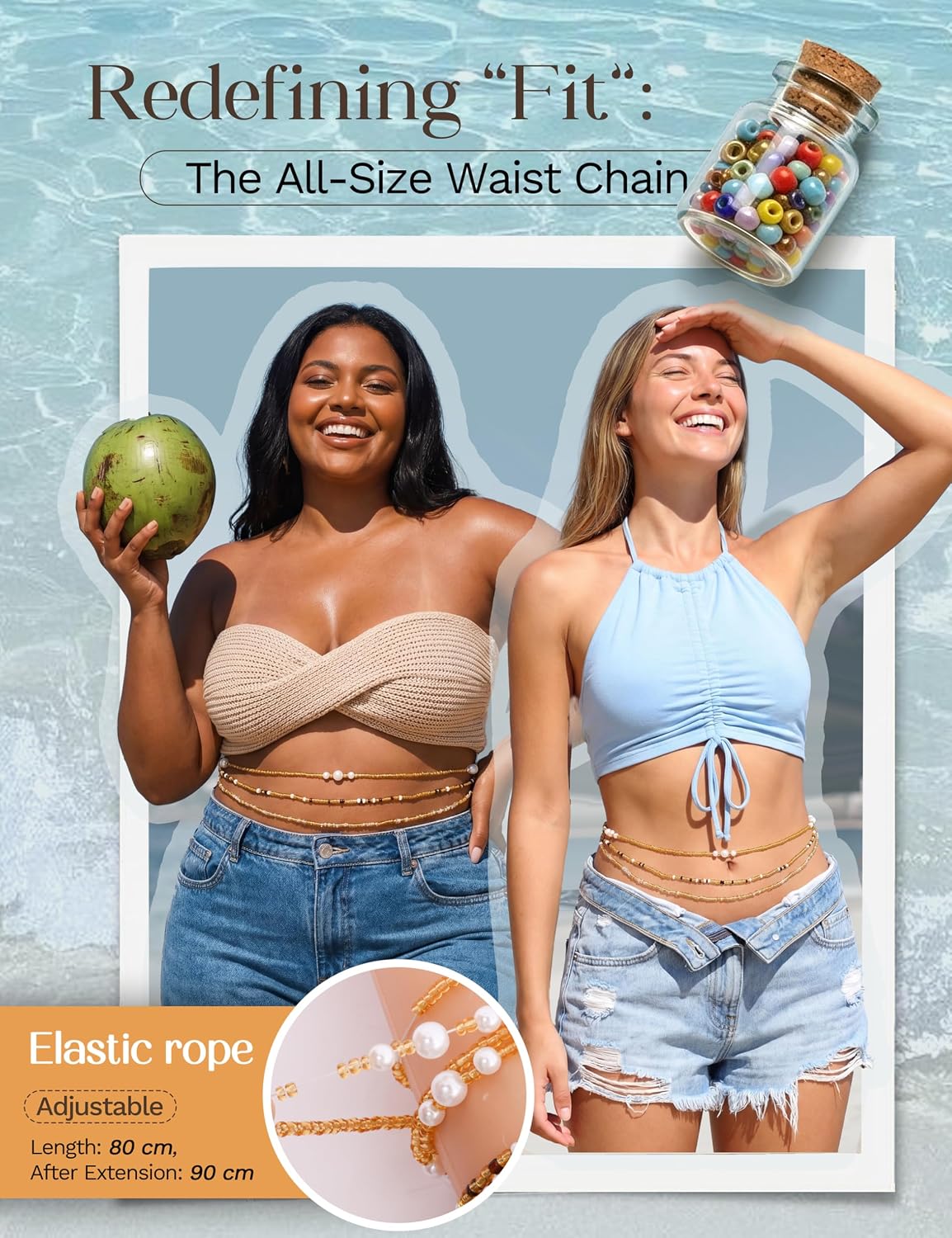 JeryWe Waist Beads for Women African Body Chain - Handmade Adjustable Colorful Elastic Waist Beads Stretching Body Accessories Belly Body Jewelry for Women Plus Size Beach Bikini Jewelry