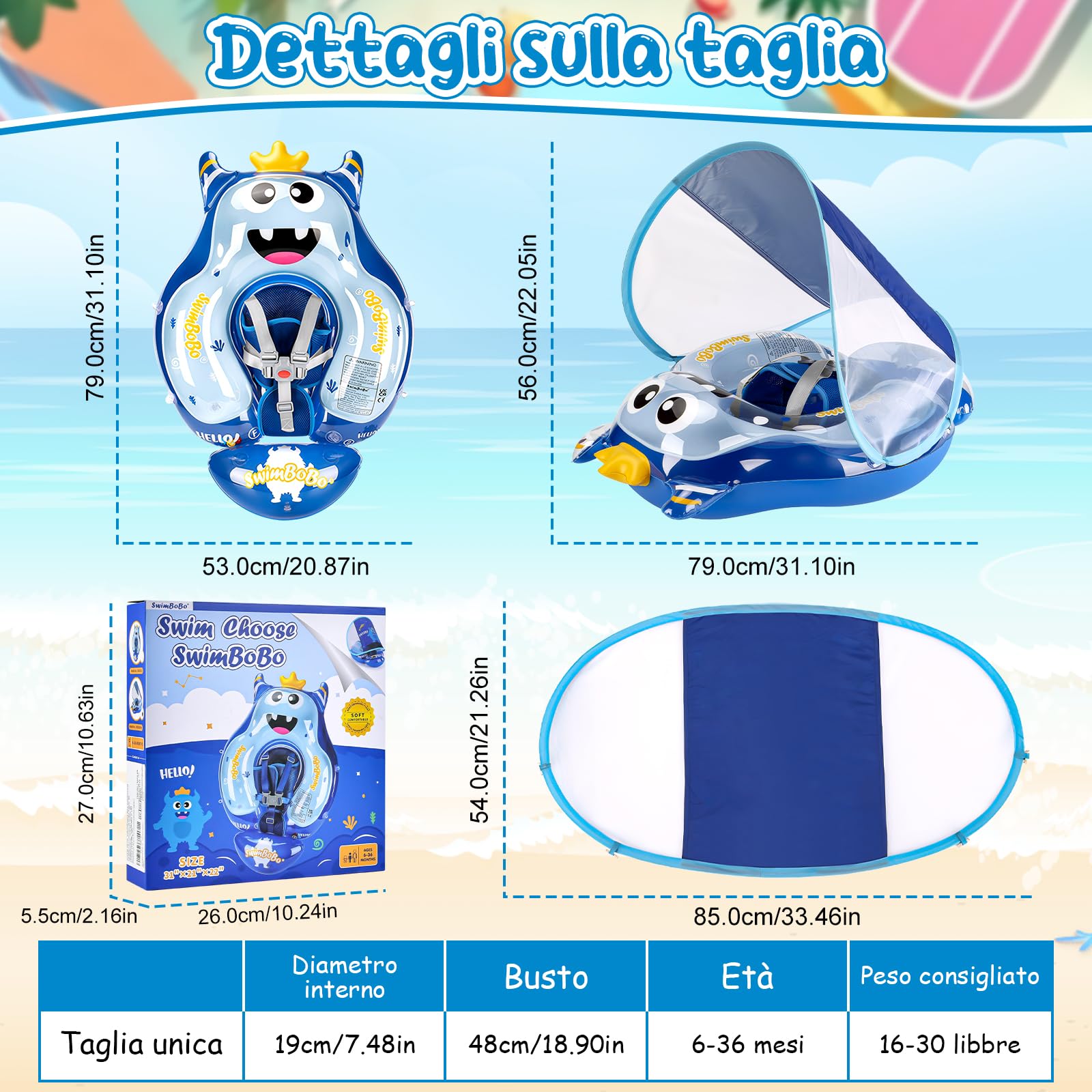 YOOHBERRYS Salvagente Neonato, Ciambella Neonato Mare, Anello Galleggiante per Bambini con Parasole SPF 50+, Salvagente Galleggiante per bambini da 6 a 36 mesi