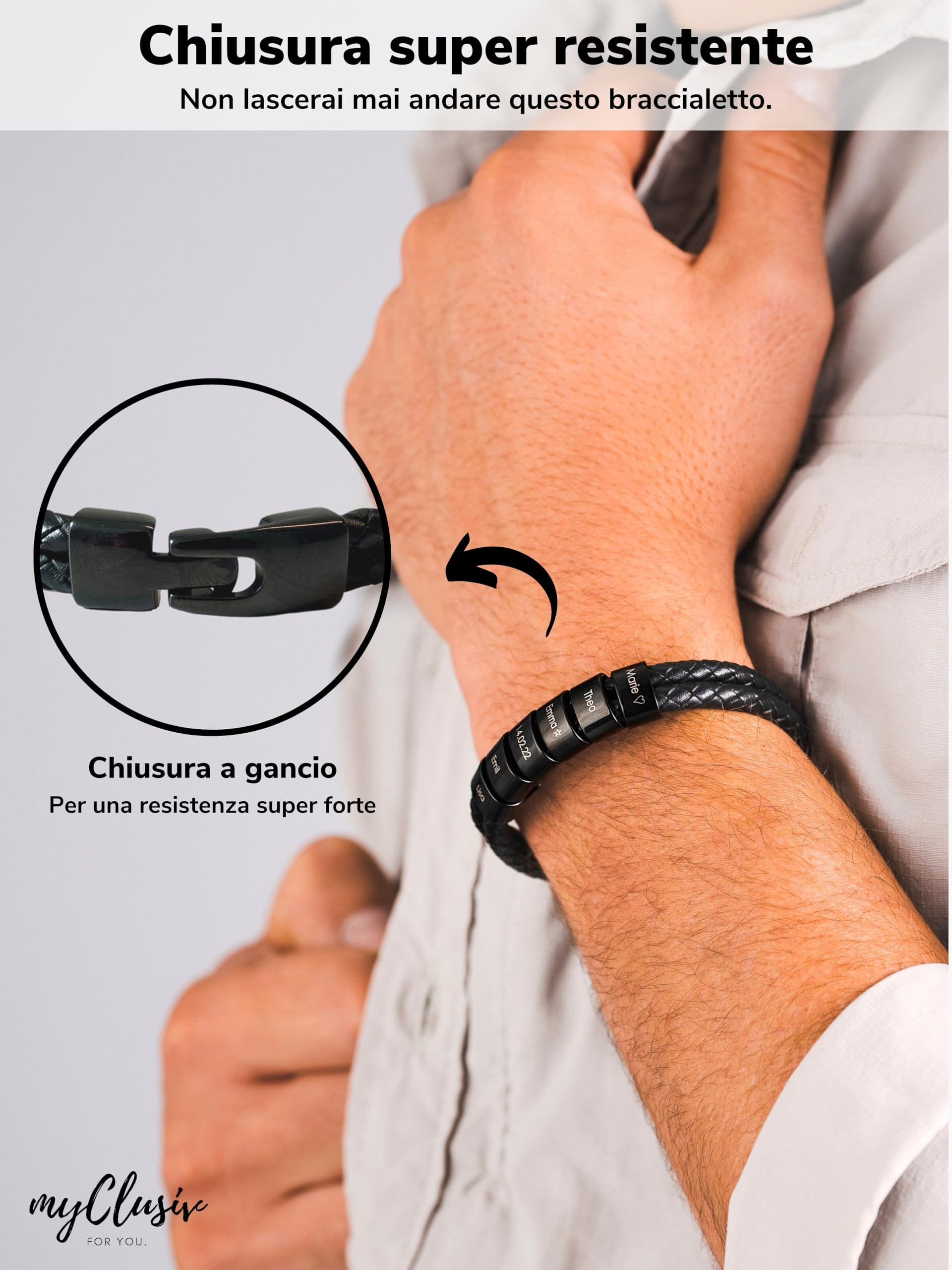 Bracciale da Uomo in Pelle con Incisione Personalizzata – Regalo per Papà – Bracciale Nero in Vera Pelle con Nome