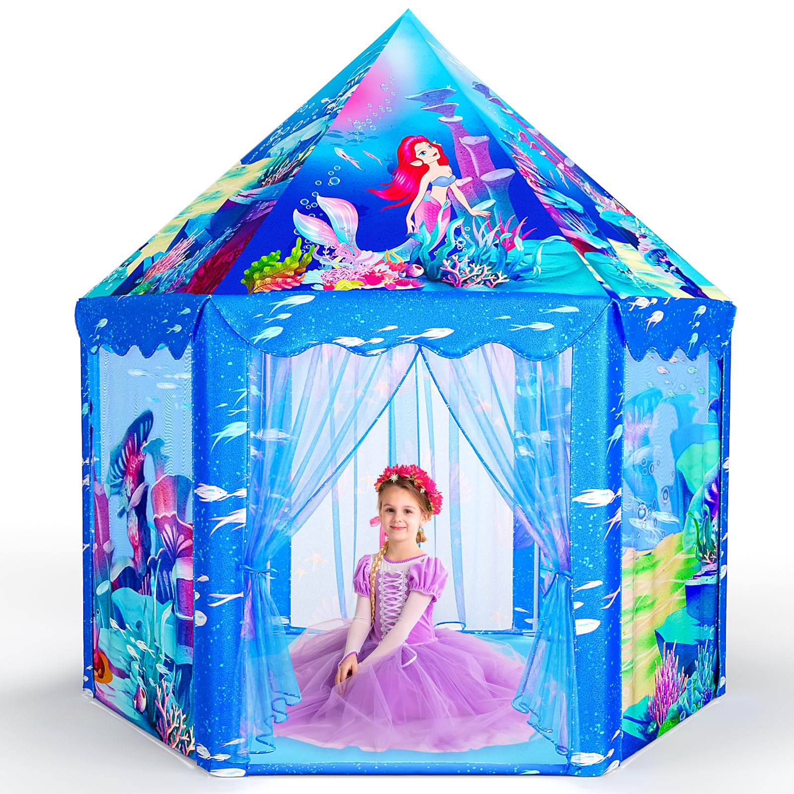 Princess Tent Toys-for-Girls,Large Mermaid Playhouse Kids-Toys for 2 3 4 5 6 7 8 9 10 Year Old Girls,Toddler Girl Toys Castle Play Tent for Kids Indoor Outdoor Games,Christmas Birthday Gifts for Girl