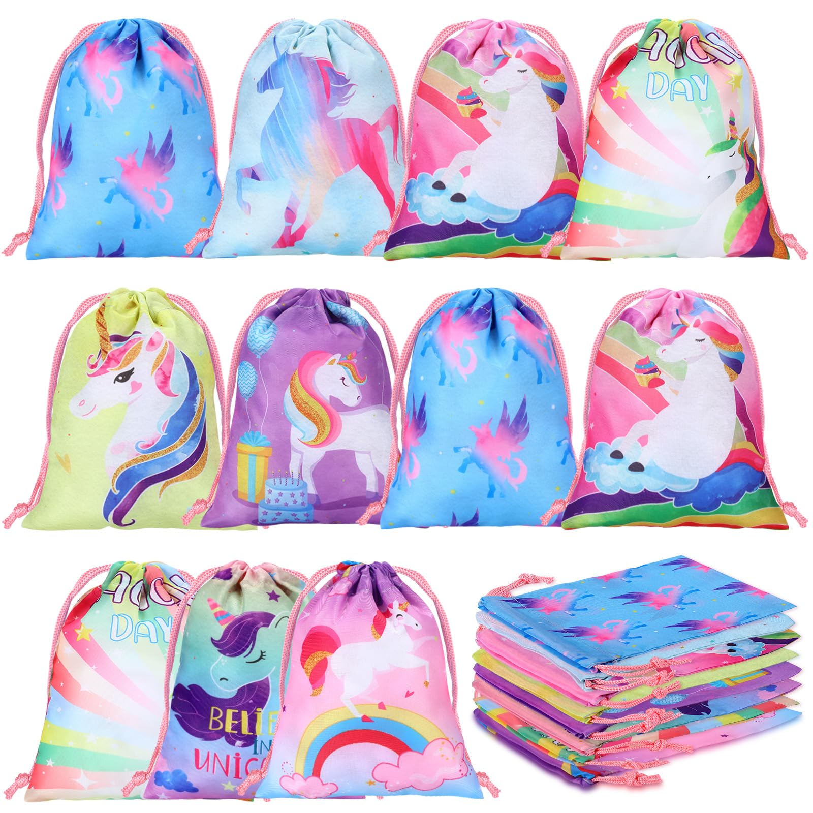 Honoson 24 Pieces Unicorn Party Favor Bags Unicorn Drawstring Gift Bags Rainbow Candy Goody Treat Pouch for Holiday Birthday Party Supplies,7.09 x