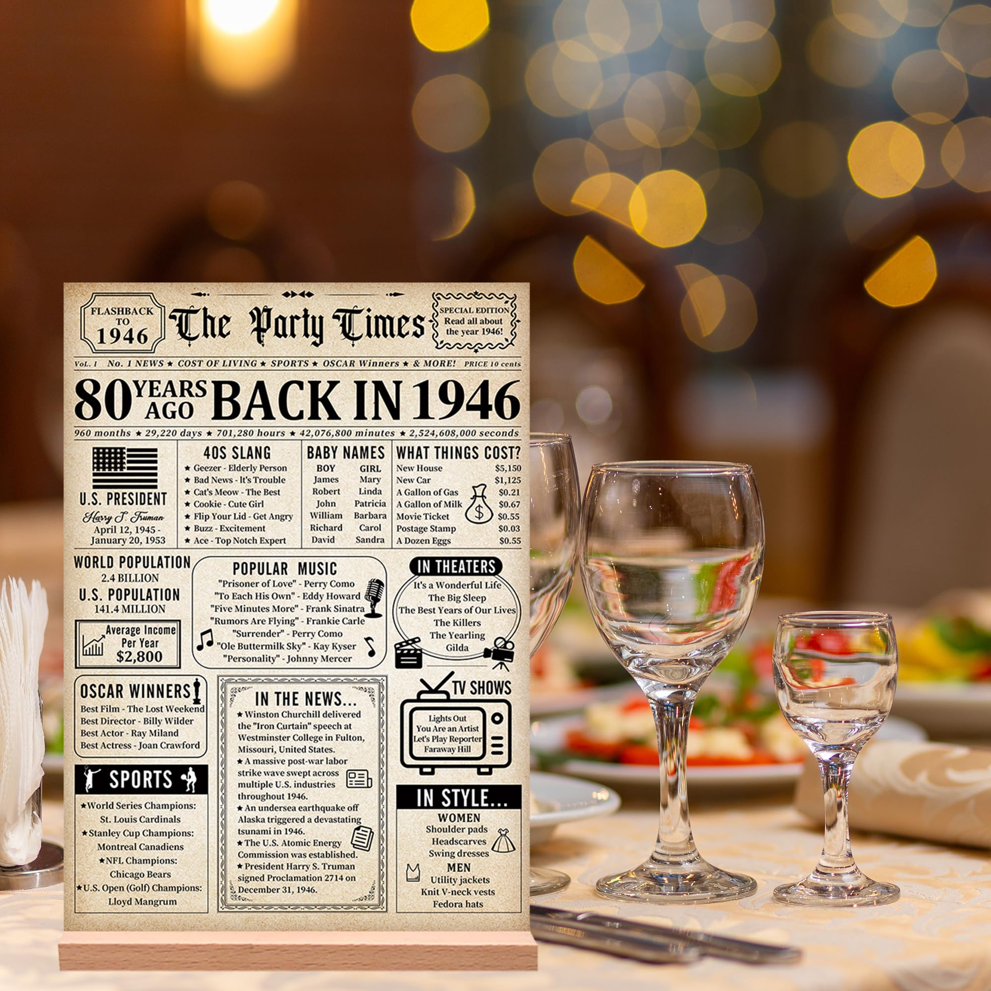 Trgowaul 80th Birthday Decorations Women Men, Vintage Back in 1946 Birthday Poster Acrylic Table Sign with Stand, 80th Anniversary Decor Gifts for Men, Vintage 80 Year Old Party Supplies Decorations — view 7