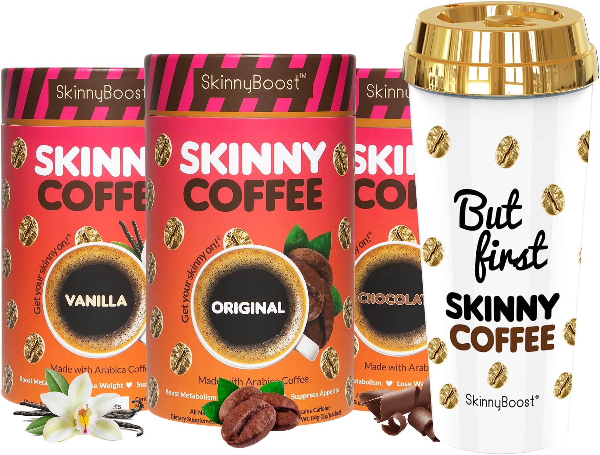 Skinny Boost Skinny Coffee Variety Pack Plus FREE Tumbler- Original, Vanilla, and Chocolate-Made with Arabica Beans, Garcinia Cambogia, Green Tea Extract, Green Coffee Bean Extract, and Prebiotics-Gluten Free/Keto Friendly, Non GMO. (28 Packets/Container)