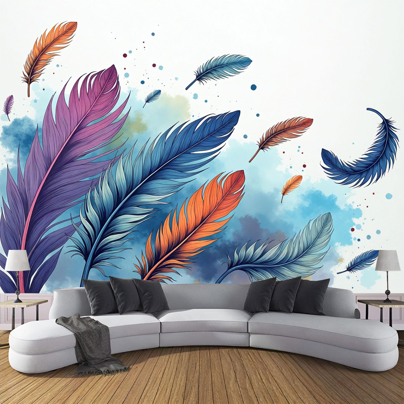 Papier peint pour agrandir un petit salon avec effet panoramique 3D