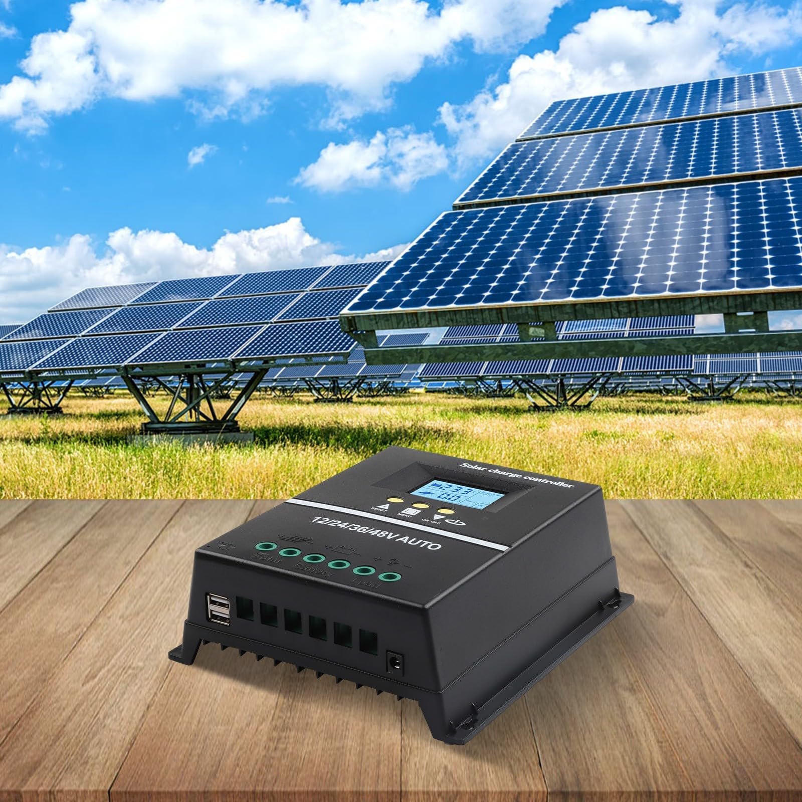 Eawfgtuw Controlador de carga solar MPPT de 200 A, 12 V/24 V/36 V/48 V, pantalla LCD, regulador inteligente, máximo 100 V, entrada dual USB para plomo-ácido/litio