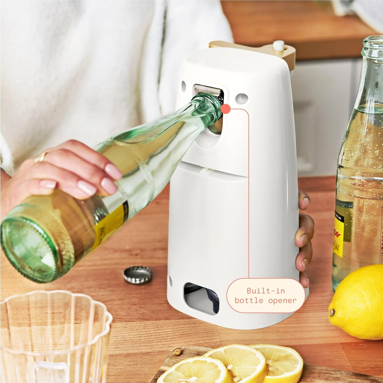 Easy-Prep Electric Can Opener, White Icing - Auto-Turn Allows for Convenient One-Touch Operation, 70-Watt Motor Effectively Opens Cans, Built-in Knife Sharpener and Bottle Opener