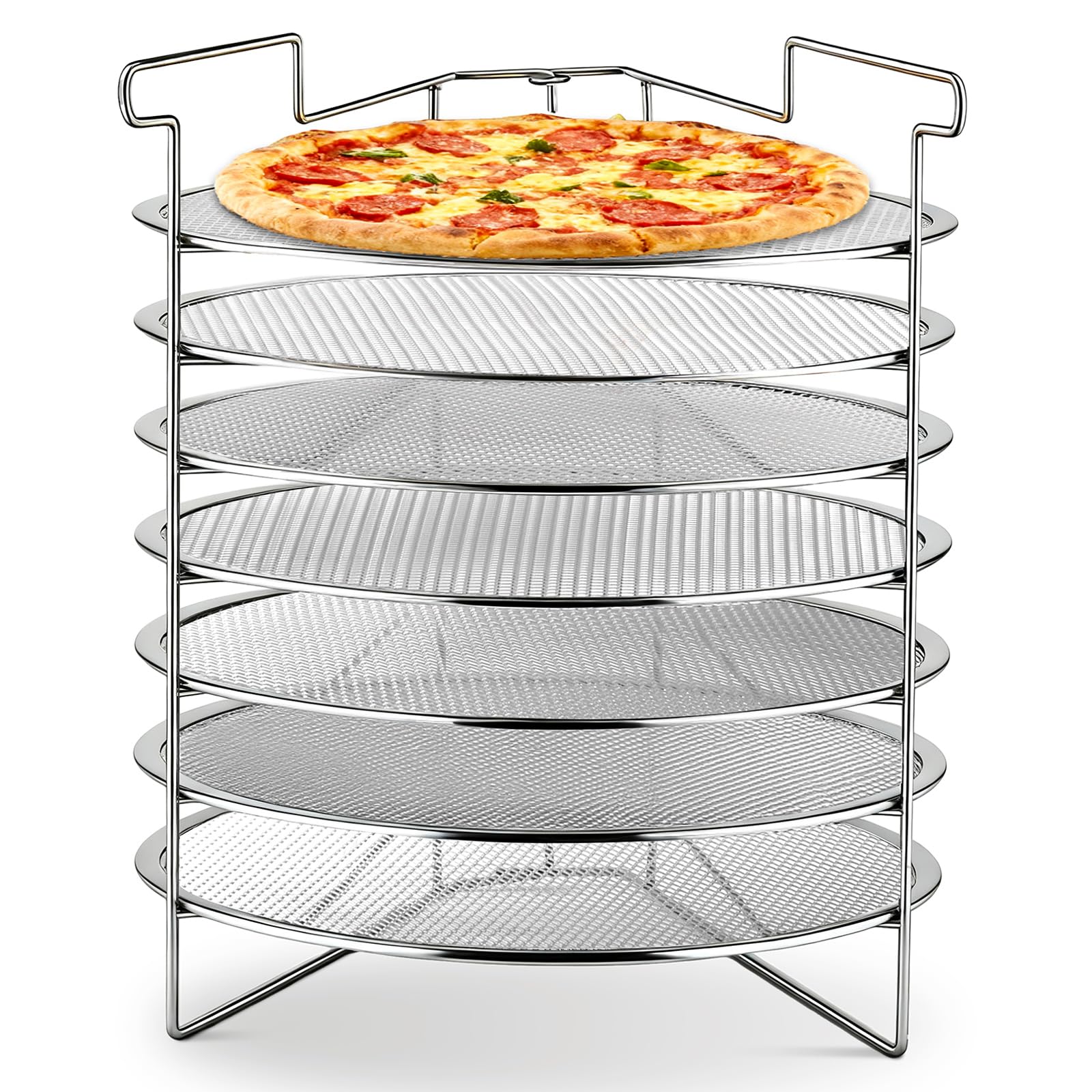 Honeydak Faltbares Pizza-Pfannenregal mit 7 35,6 cm großen Pizza-Backsieben für kompakte, bequeme und einfache Lagerung, Heim-Restaurant