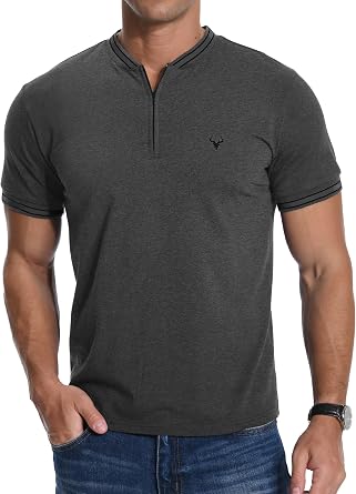 MLANM Men's T-Shirt Summer Zip Henley Short Sleeve Shirt Front Deer Head Embroidery Casual Cotton Men's Tops