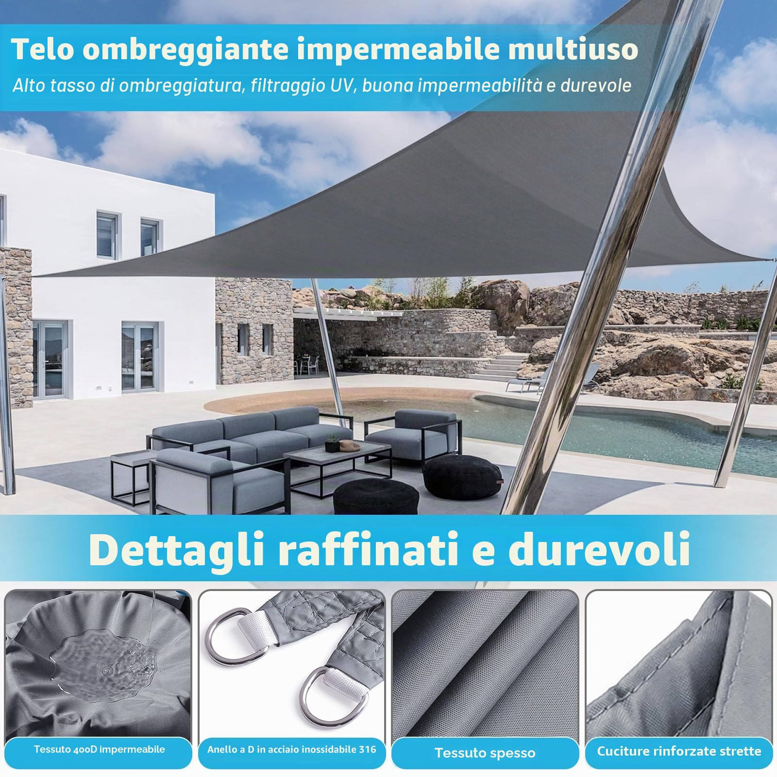 Tenda a Vela Triangolare 3x3x3m Impermeabile Anti UV Ombreggiante per Giardino Grigio