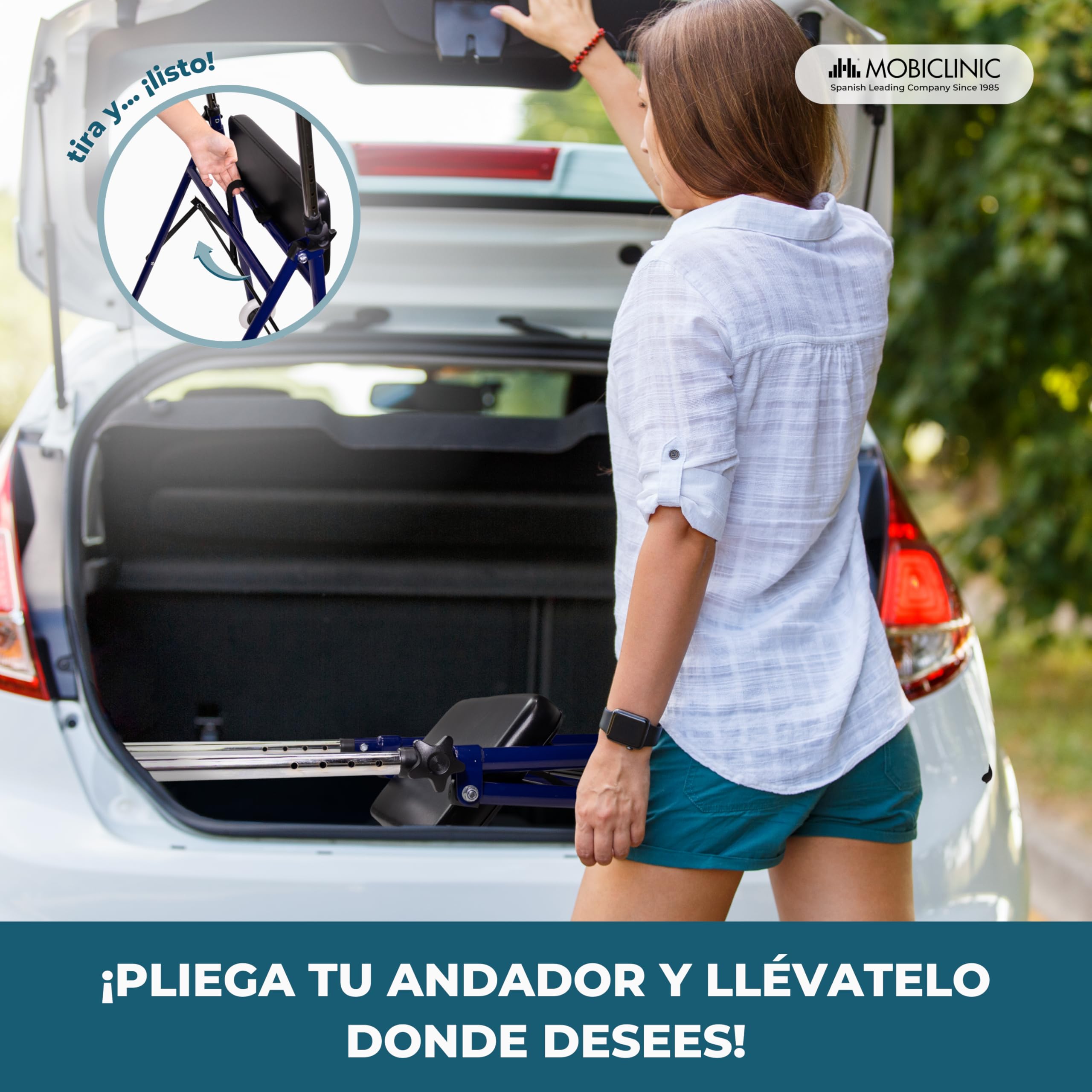 Mobiclinic®, Andador Plegable, Ajustable, Resistente, Emérita, Acero, Empuñaduras Ergonómicas, Ligero, con Asiento y 2 Ruedas, Azul