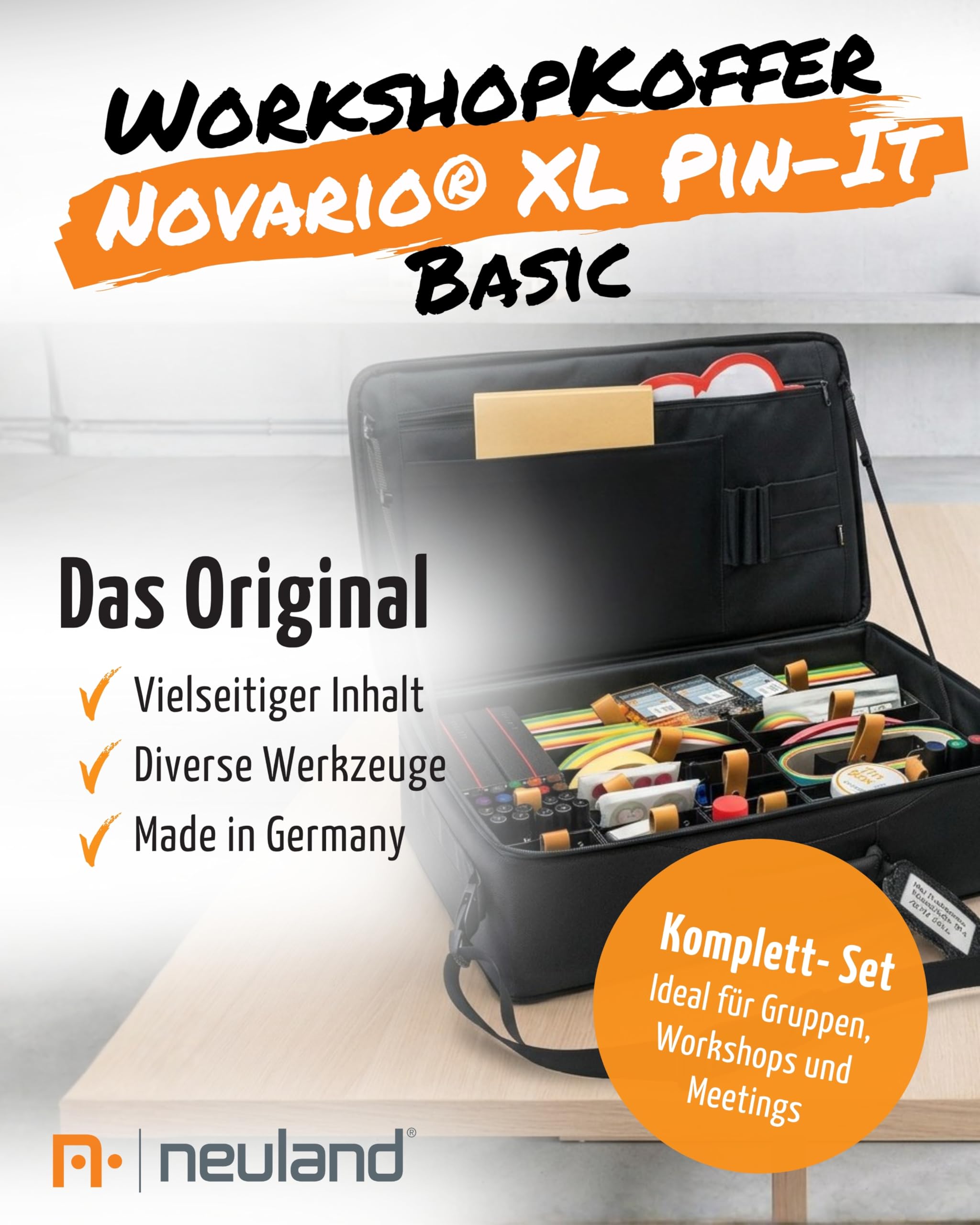 Neuland WorkshopKoffer Novario® XL Pin-It Basic I Moderationskoffer mit Inhalt I 1250 Moderationskarten, 24 Flipchart Markern & Aufbewahrungsboxen I Koffer inkl. Flipchart Zubehör