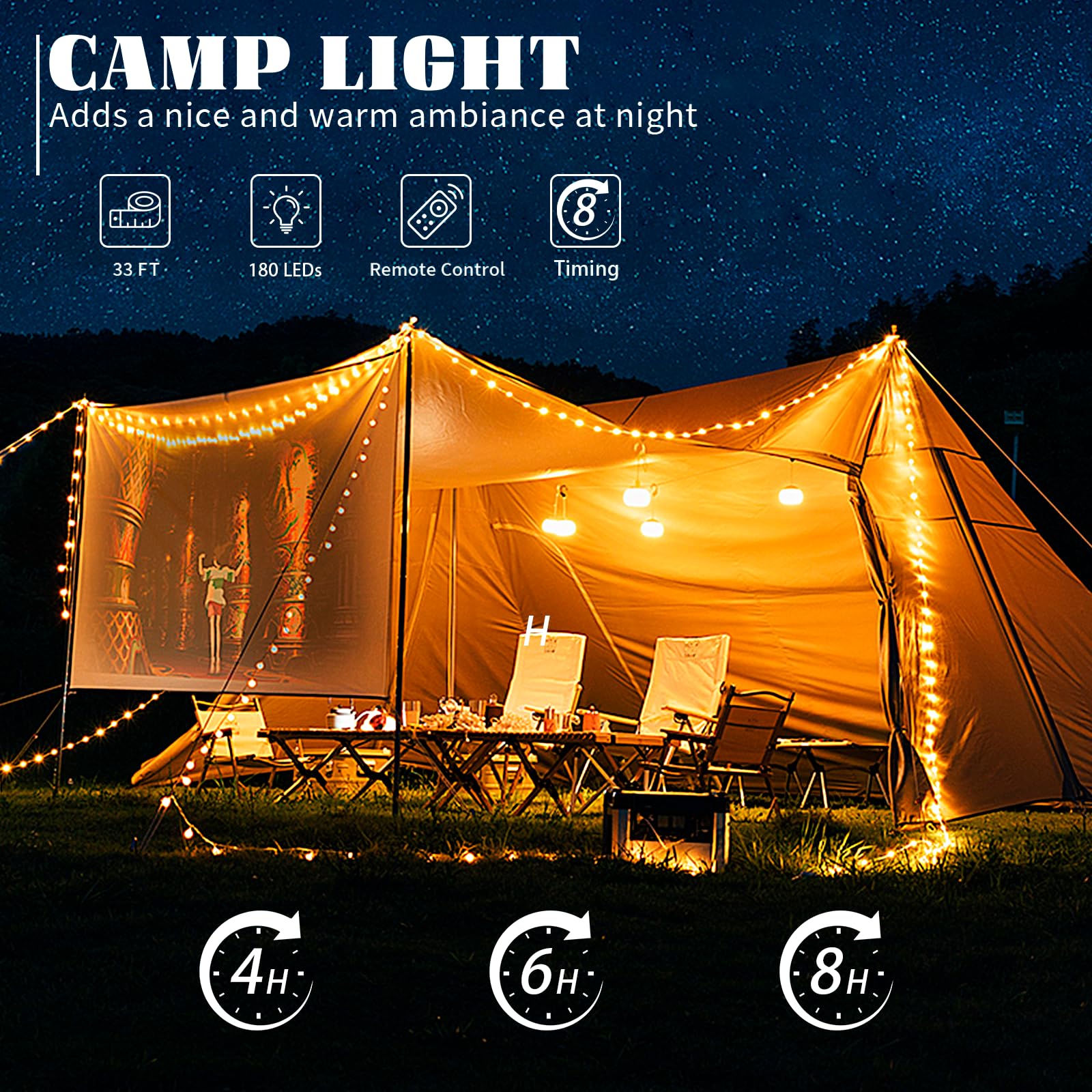 Solar Camping Lichterkette 150 LEDs, 33FT Outdoor Lichterkette mit 14 Beleuchtungsmodi & Timer, Wasserdicht & Wiederaufladbar, Campingausrüstung für Zelt, Hof, Garten, Wandern, Reisedekoration