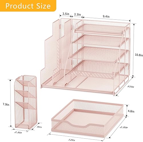 Miniatura 4 de VIVSOL Organizador de escritorio rosa y almacenamiento de accesorios con bandeja de papel de 5 niveles, organizador de escritorio de malla y