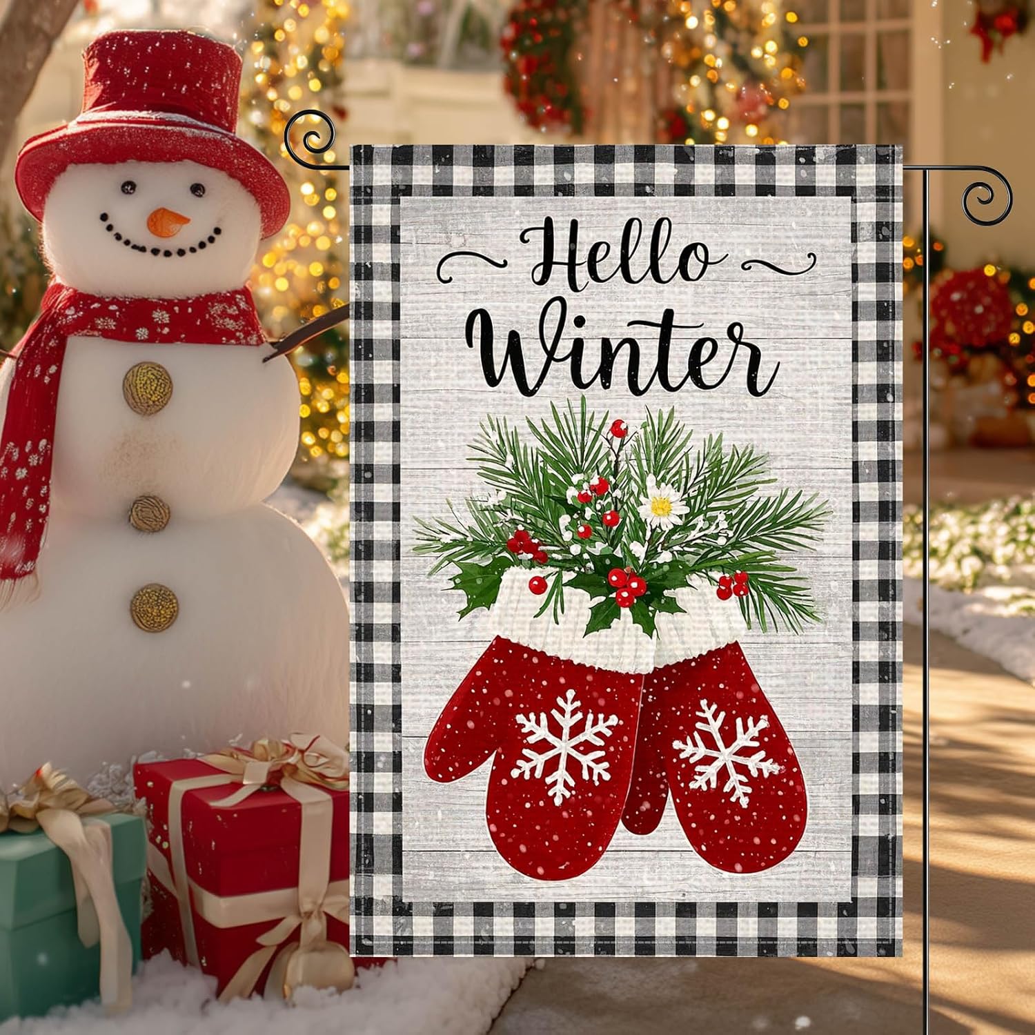 Hallo Winter Garden Flag 12x18 Inch Mittens Welcome Garden Flags Burlap Double-Sided Snowflakes Poinsettia Holiday Decoration Banner Merry Christmas Flag for Yard Lawn Decoration - Image 4