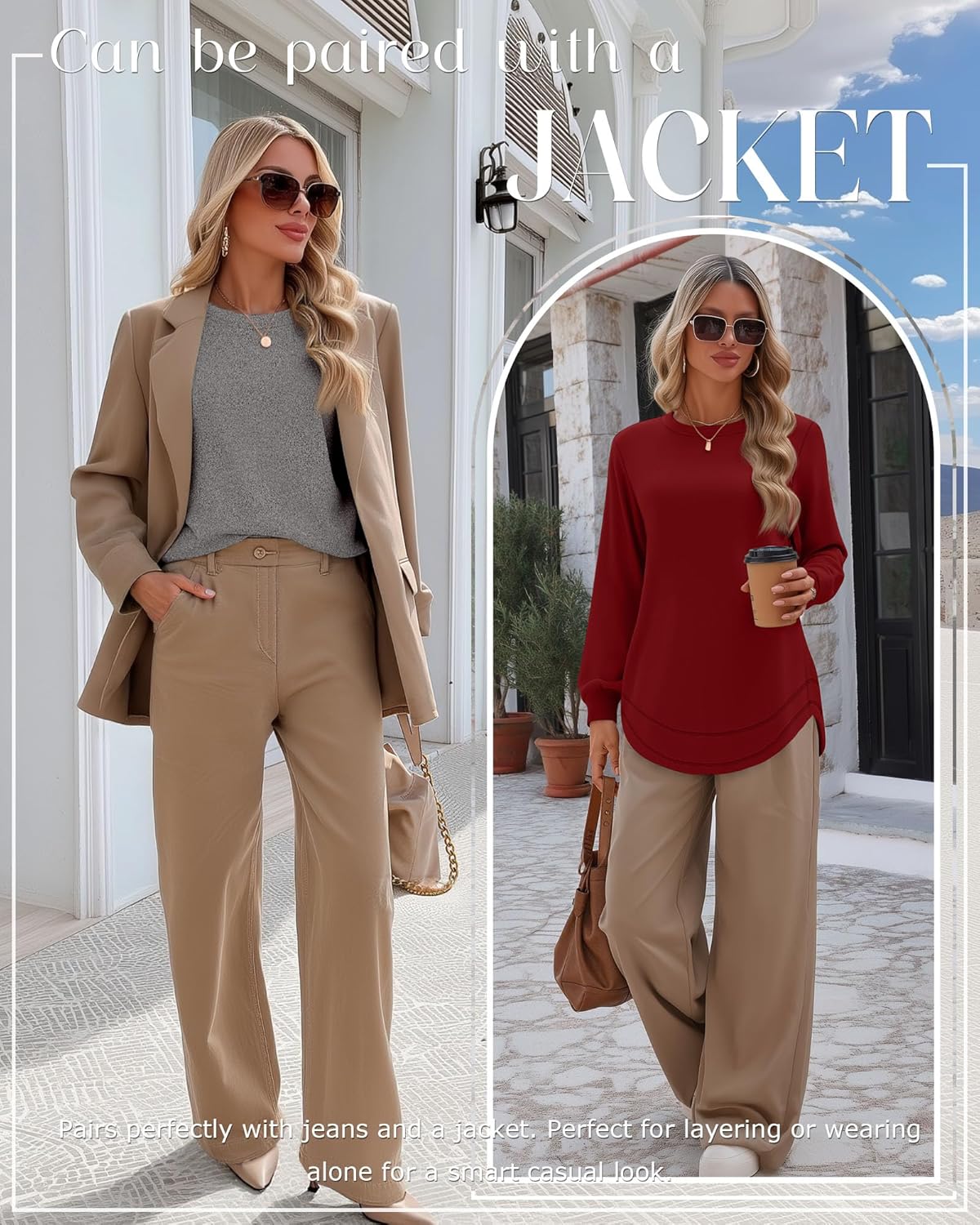 Ficerd 3 Pack Women's Long Sleeve Shirts, Cotton Crew Neck Tunic Tops Casual Loose Fit Pullover Sweatshirts Curved Hem Shirts - Image 3