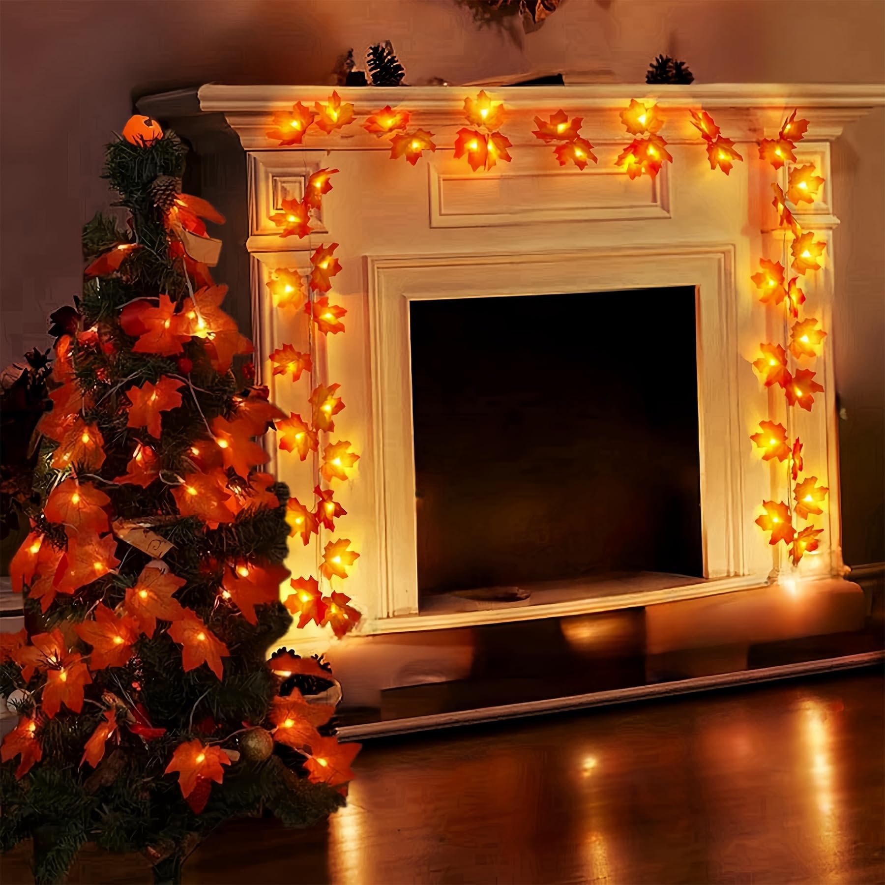 BBPOOL Fall Garland 20Ft 40 LED Lighted Maple Leaf String Lights for Fall Decor Thanksgiving Decoration Halloween Decor (2 Pack)
