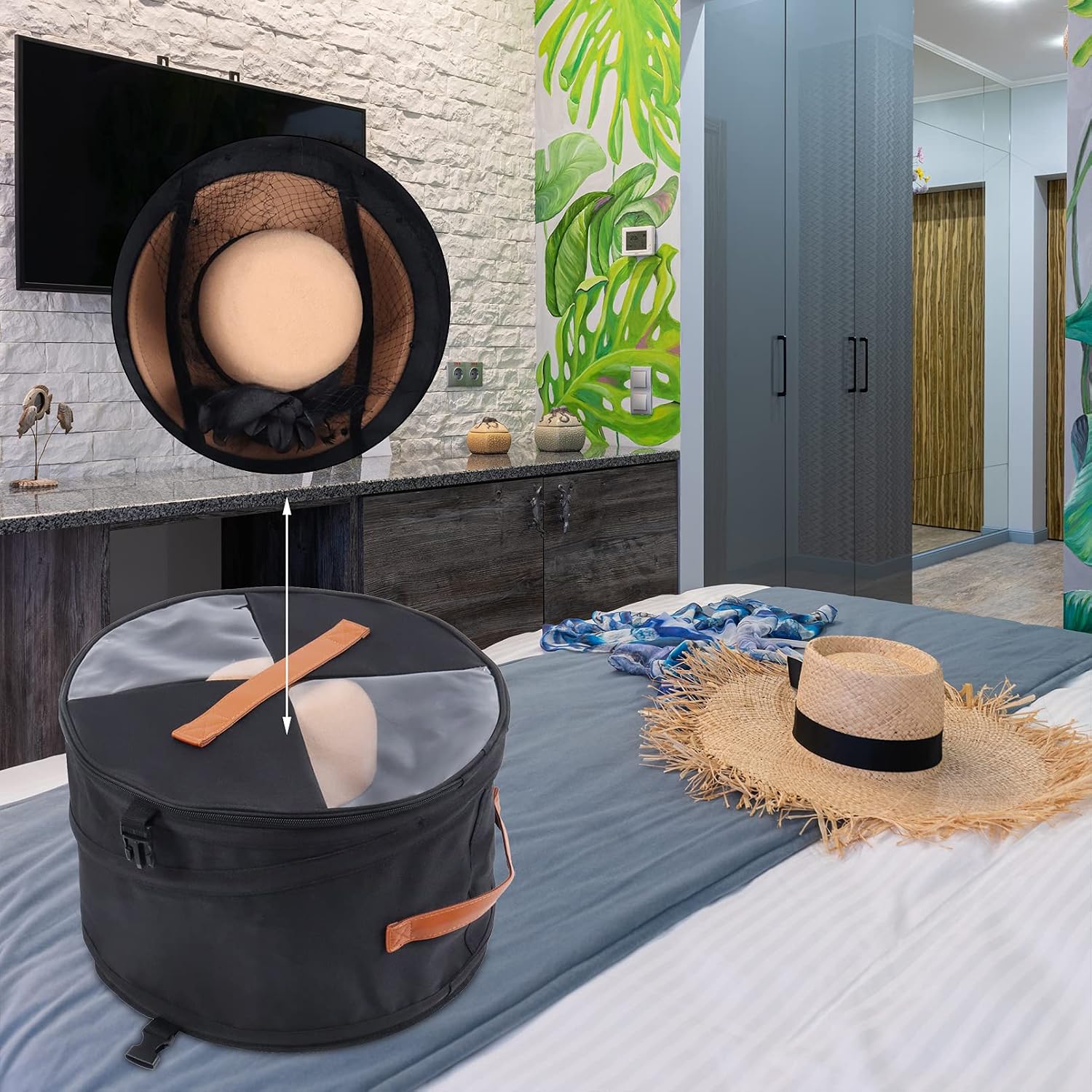 Round Hat Storage Box for Women & Men Large Pop Up Hat Box Organizer with Lid for Travel Stuffed Toy Storage Organizer Black