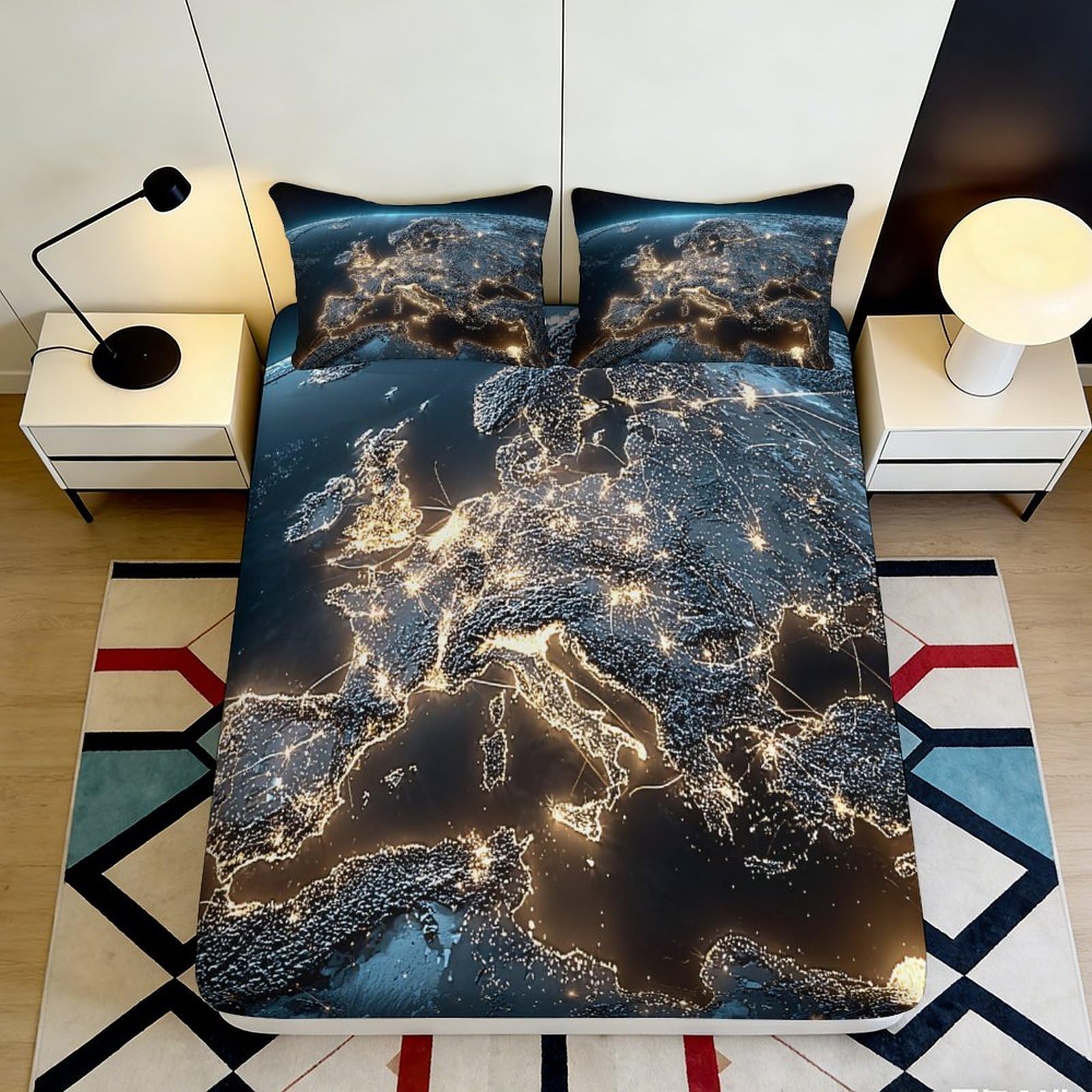 3D Printed Night Map Fitted Sheet Microfiber Deep Pocket Bedroom Bedding European Night Map Mattress Fitted Cover Washable 90x200x25cm