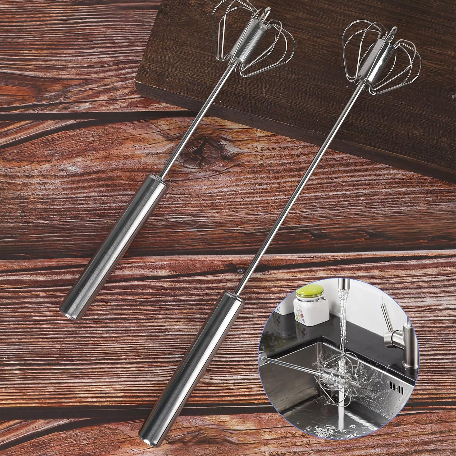 3Pcs Semi Automatic Egg Whisk, Rotary Hand Push Whisk, Stainless Steel Egg Beater, Versatile Egg Mixer with Yolk Separator for Cream Making Milk Frothering Smoothies Whipping, 10 & 12 &14 Inches Set - Image 6