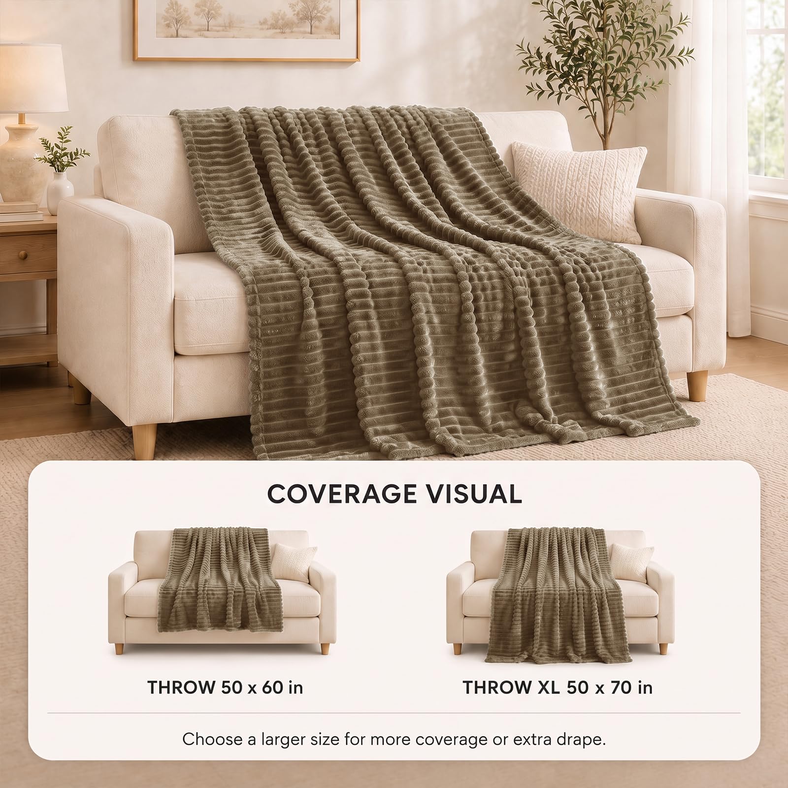 HIMEET Camel Throw Blanket for Couch, 300GSM Ribbed Fleece, 50 x 60 Inches view 3